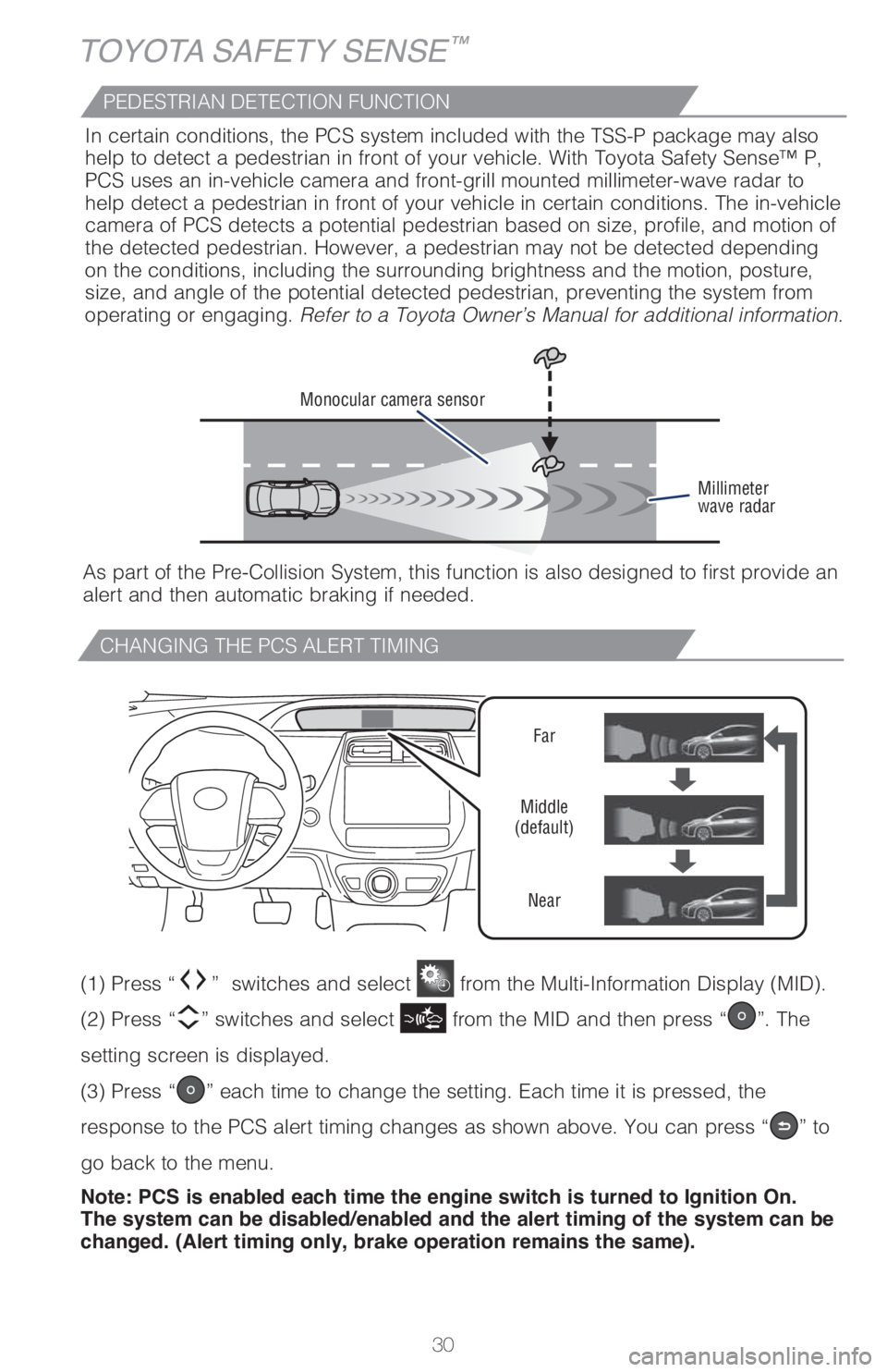 TOYOTA PRIUS 2018 (in English) Owners Guide 30
CHANGING THE PCS ALERT TIMING
TOYOTA SAFETY SENSE™
Far
Middle
(default)
Near
(1) Press “” switches and select from the Multi-Information Display (MID).
(2) Press “
” switches and sele TOYOTA PRIUS 2018 (in English) Owners Guide 30
CHANGING THE PCS ALERT TIMING
TOYOTA SAFETY SENSE™
Far
Middle
(default)
Near
(1) Press “” switches and select from the Multi-Information Display (MID).
(2) Press “
” switches and sele