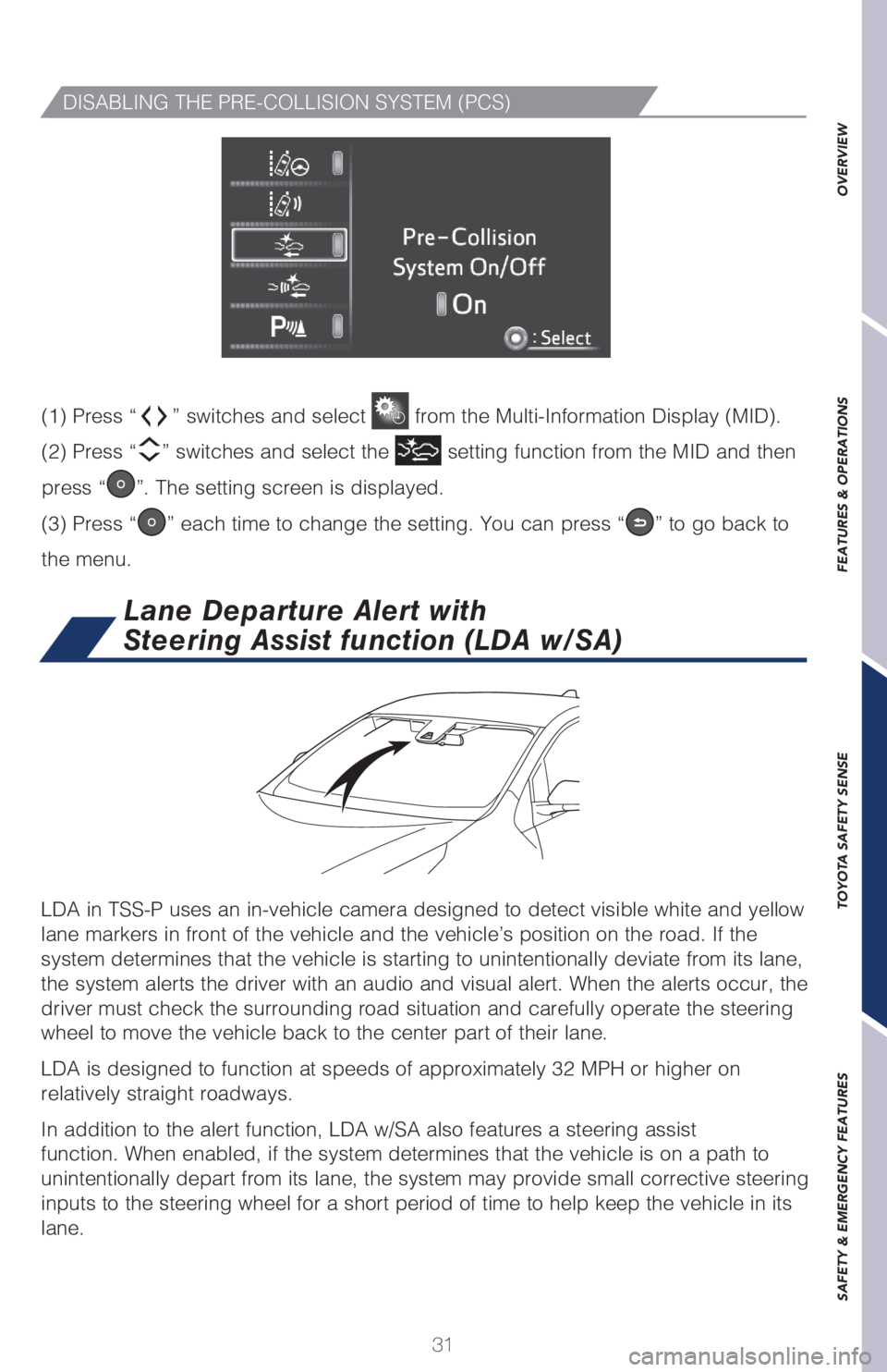 TOYOTA PRIUS 2018 (in English) Owners Guide 31
OVERVIEW FEATURES & OPERATIONS TOYOTA SAFETY SENSE SAFETY & EMERGENCY FEATURES
DISABLING THE PRE-COLLISION SYSTEM (PCS)
LDA in TSS-P uses an in-vehicle camera designed to detect visible white and y TOYOTA PRIUS 2018 (in English) Owners Guide 31
OVERVIEW FEATURES & OPERATIONS TOYOTA SAFETY SENSE SAFETY & EMERGENCY FEATURES
DISABLING THE PRE-COLLISION SYSTEM (PCS)
LDA in TSS-P uses an in-vehicle camera designed to detect visible white and y