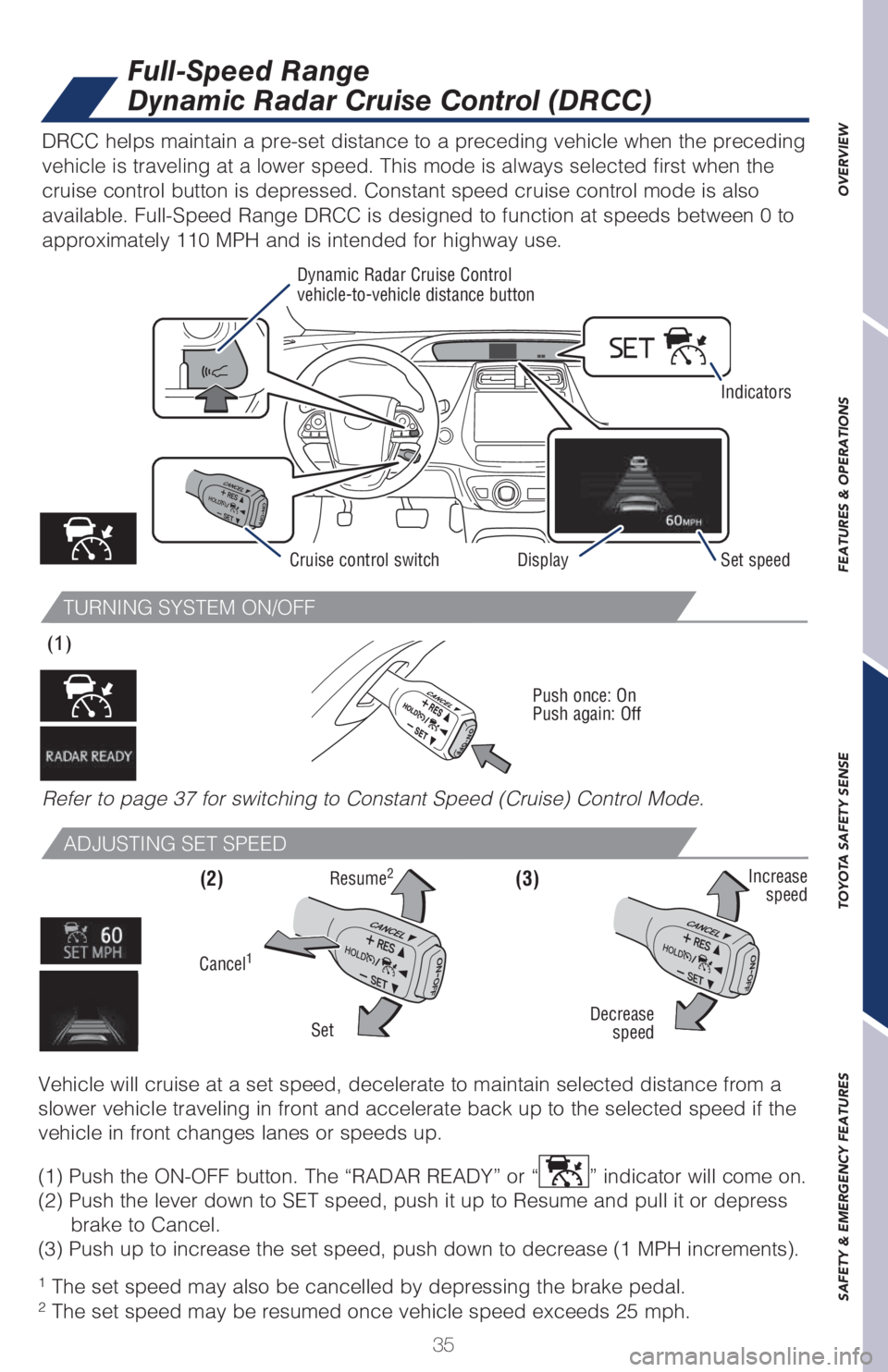 TOYOTA PRIUS 2018 (in English) Owners Guide 35
TURNING SYSTEM ON/OFF
ADJUSTING SET SPEED
1
The set speed may also be cancelled by depressing the brake pedal.
2
The set speed may be resumed once vehicle speed exceeds 25 mph. DRCC helps maint TOYOTA PRIUS 2018 (in English) Owners Guide 35
TURNING SYSTEM ON/OFF
ADJUSTING SET SPEED
1
The set speed may also be cancelled by depressing the brake pedal.
2
The set speed may be resumed once vehicle speed exceeds 25 mph. DRCC helps maint