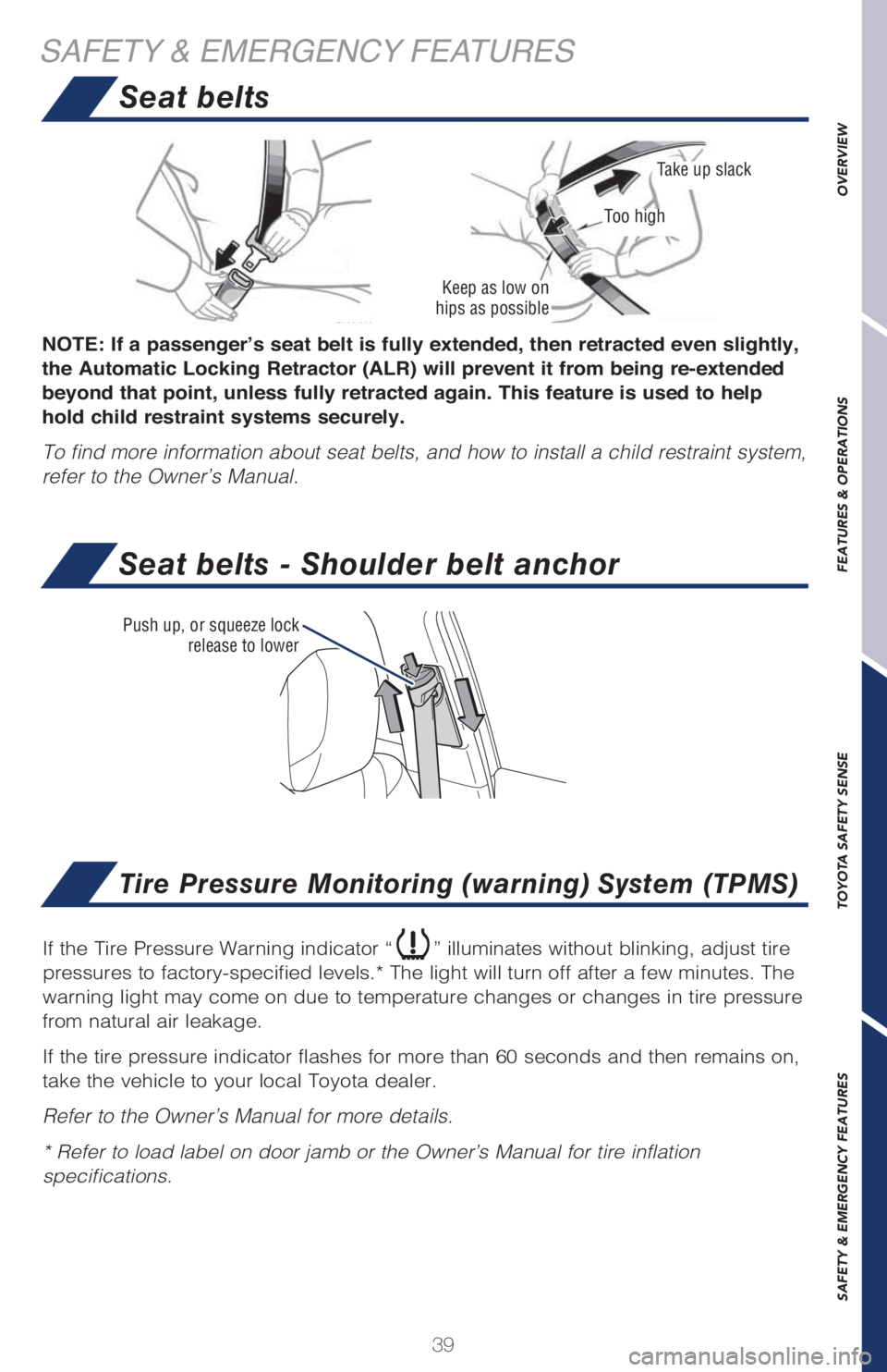 TOYOTA PRIUS 2018   (in English) Service Manual 39
OVERVIEW FEATURES & OPERATIONS TOYOTA SAFETY SENSE SAFETY & EMERGENCY FEATURES
If the Tire Pressure Warning indicator “” illuminates without blinking, adjust tire 
pressures to factory-specifie