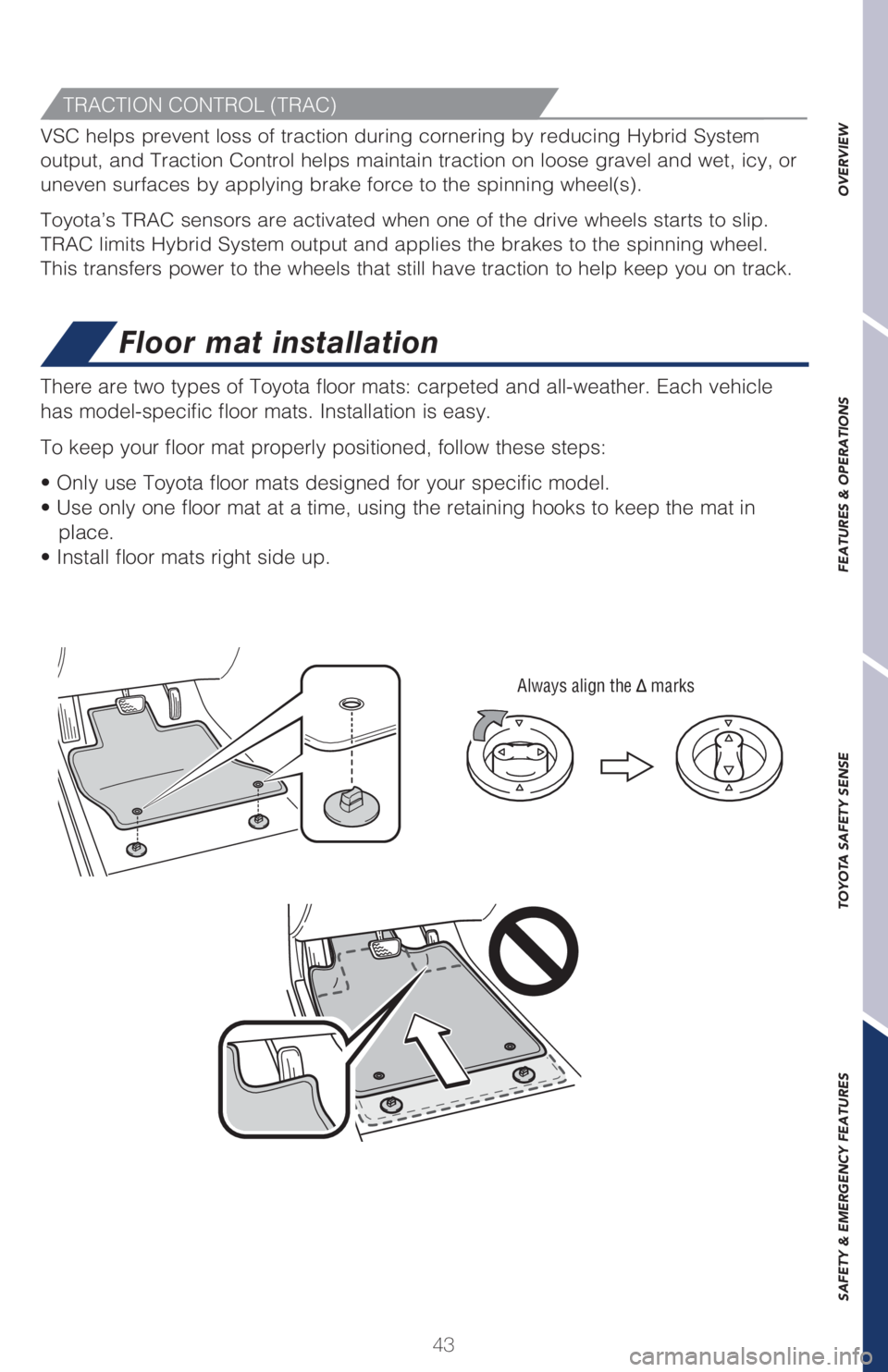 TOYOTA PRIUS 2018   (in English) Service Manual 43
OVERVIEW FEATURES & OPERATIONS TOYOTA SAFETY SENSE SAFETY & EMERGENCY FEATURES
Floor mat installation
Always align the  marks
�5�I�F�S�F��B�S�F��U�X�P��U�Z�Q�F�T��P�G��5�P�Z�P�U�B��n�P�P�S��