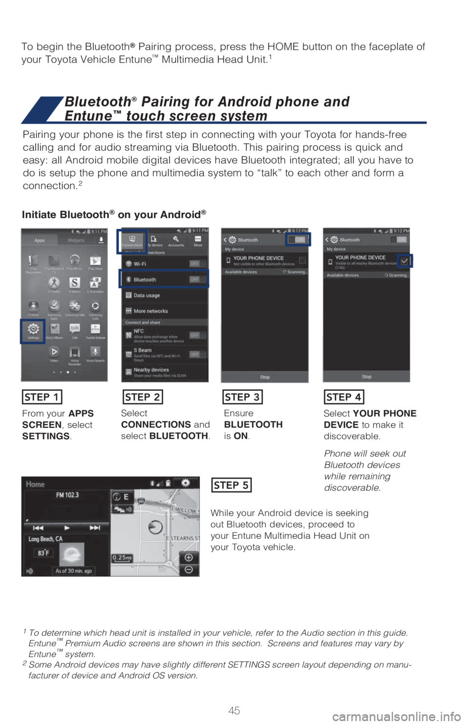 TOYOTA PRIUS 2018   (in English) Service Manual 45
Pairing your phone is the first step in connecting with your Toyota for hands-free 
calling and for audio streaming via Bluetooth. This pairing process is quick and 
easy: all Android mobile digita
