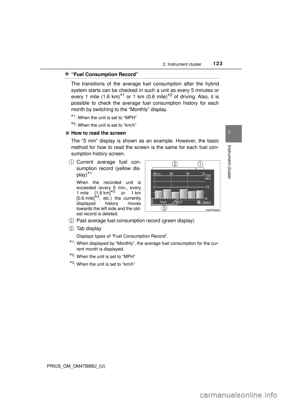 TOYOTA PRIUS 2018 Owners Manual (in English) PRIUS_OM_OM47B89U_(U)
1232. Instrument cluster
2
Instrument cluster
◆“Fuel Consumption Record”
The transitions of the average fuel consumption after the hybrid
system starts can be checked in su TOYOTA PRIUS 2018 Owners Manual (in English) PRIUS_OM_OM47B89U_(U)
1232. Instrument cluster
2
Instrument cluster
◆“Fuel Consumption Record”
The transitions of the average fuel consumption after the hybrid
system starts can be checked in su