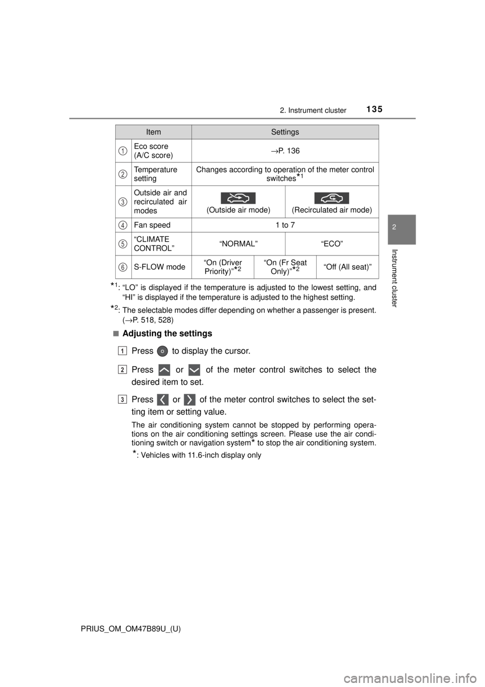 TOYOTA PRIUS 2018 Owners Manual (in English) PRIUS_OM_OM47B89U_(U)
1352. Instrument cluster
2
Instrument cluster
*1: “LO” is displayed if the temperature is adjusted to the lowest setting\
, and“HI” is displayed if the temperature is adj TOYOTA PRIUS 2018 Owners Manual (in English) PRIUS_OM_OM47B89U_(U)
1352. Instrument cluster
2
Instrument cluster
*1: “LO” is displayed if the temperature is adjusted to the lowest setting\
, and“HI” is displayed if the temperature is adj
