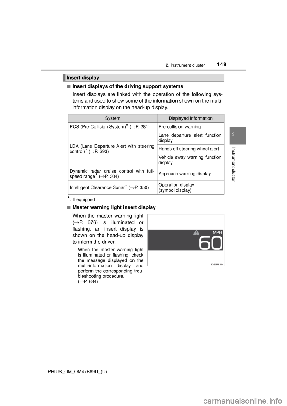 TOYOTA PRIUS 2018 Owners Manual (in English) PRIUS_OM_OM47B89U_(U)
1492. Instrument cluster
2
Instrument cluster
■Insert displays of the driving support systems
Insert displays are linked with the operation of the following sys-
tems and used TOYOTA PRIUS 2018 Owners Manual (in English) PRIUS_OM_OM47B89U_(U)
1492. Instrument cluster
2
Instrument cluster
■Insert displays of the driving support systems
Insert displays are linked with the operation of the following sys-
tems and used