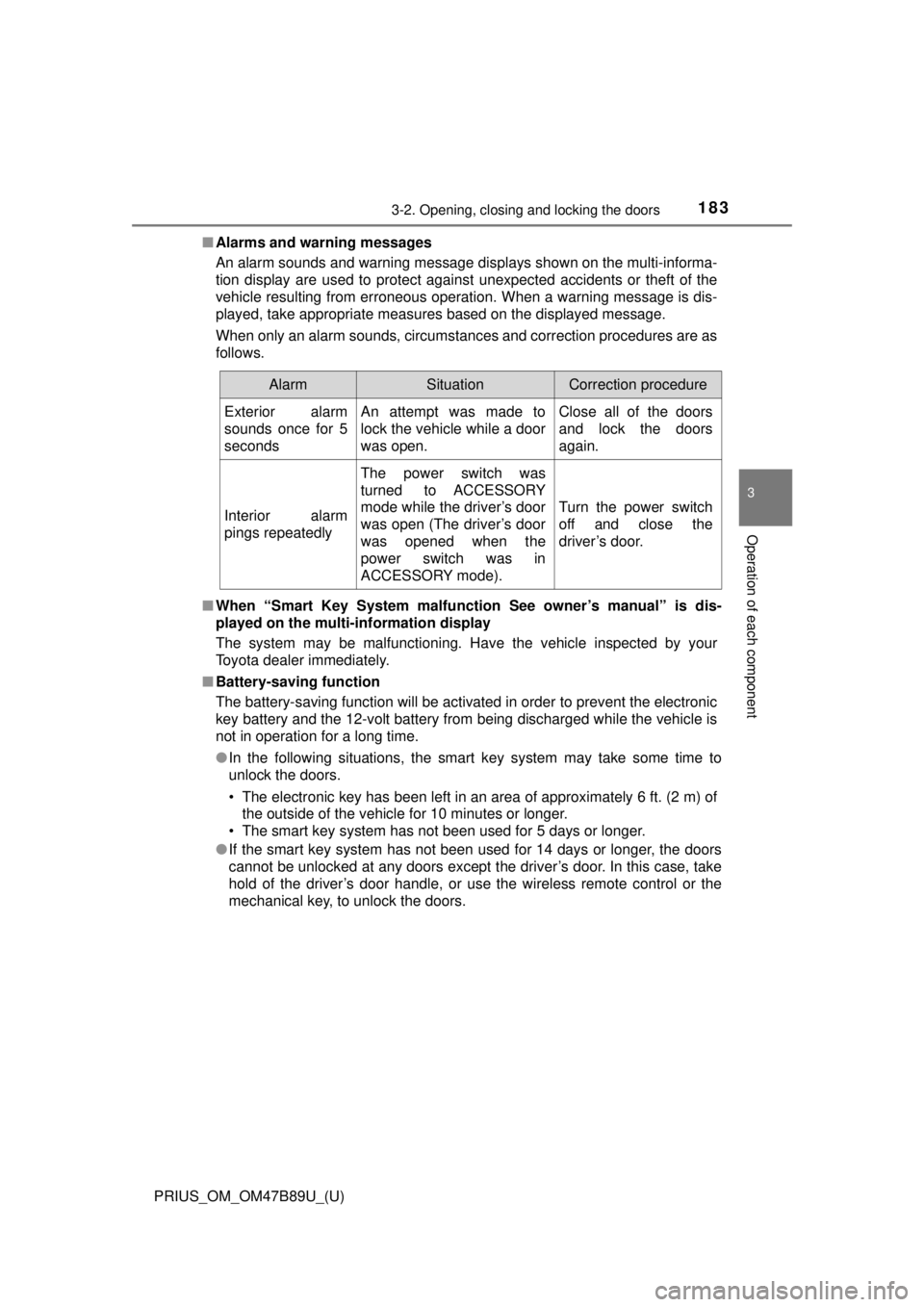 TOYOTA PRIUS 2018 Owners Manual (in English) PRIUS_OM_OM47B89U_(U)
1833-2. Opening, closing and locking the doors
3
Operation of each component
■Alarms and warning messages
An alarm sounds and warning message displays shown on the multi-inform TOYOTA PRIUS 2018 Owners Manual (in English) PRIUS_OM_OM47B89U_(U)
1833-2. Opening, closing and locking the doors
3
Operation of each component
■Alarms and warning messages
An alarm sounds and warning message displays shown on the multi-inform