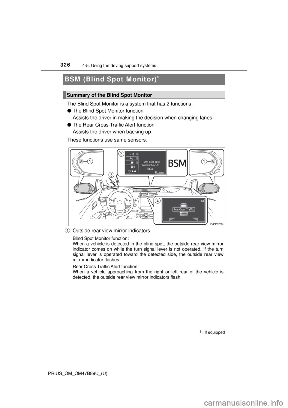 TOYOTA PRIUS 2018  Owners Manual (in English) 326
PRIUS_OM_OM47B89U_(U)
4-5. Using the driving support systems
BSM (Blind Spot Monitor)∗
The Blind Spot Monitor is a  system that has 2 functions;
● The Blind Spot Monitor function 
Assists the 