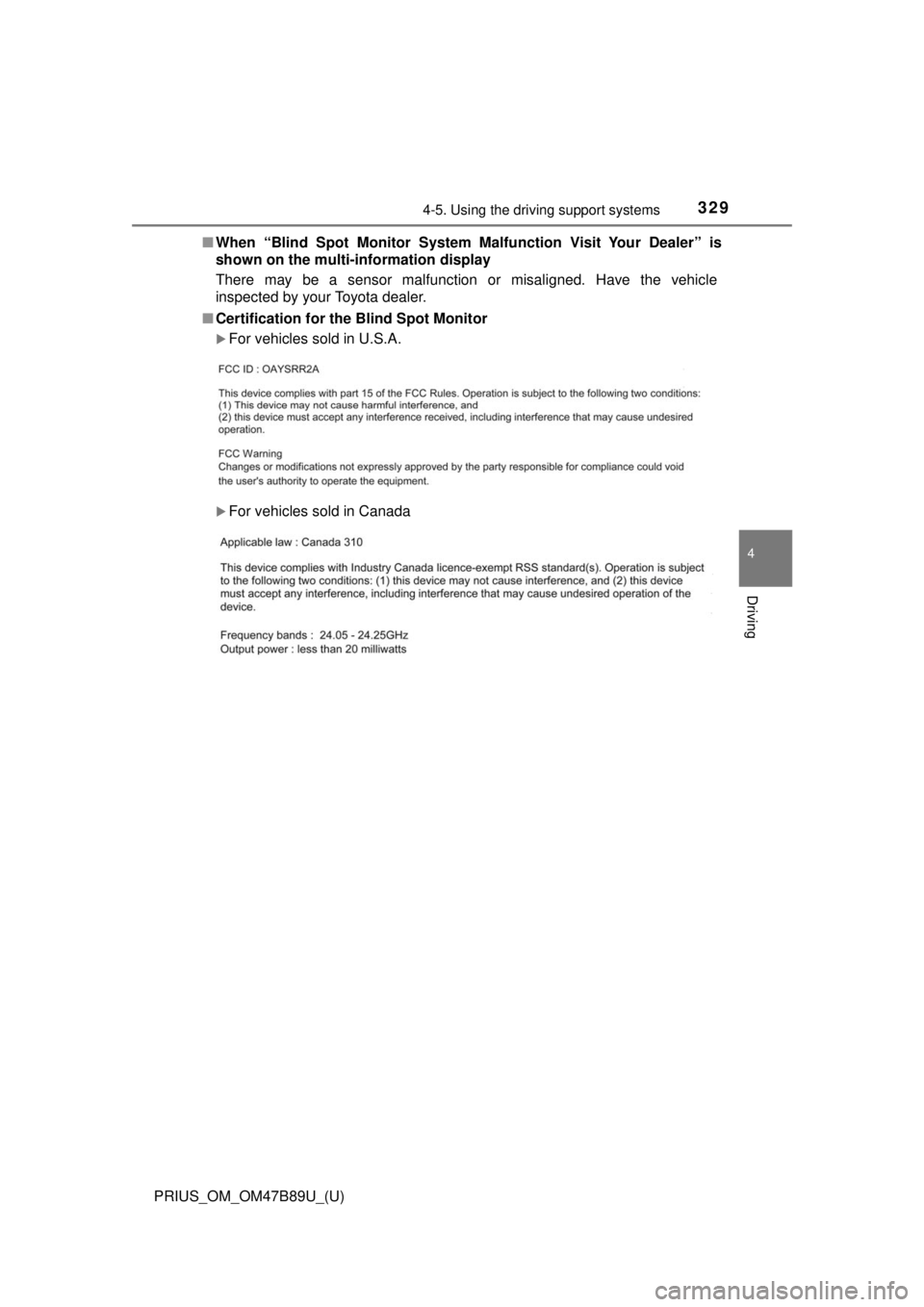 TOYOTA PRIUS 2018  Owners Manual (in English) PRIUS_OM_OM47B89U_(U)
3294-5. Using the driving support systems
4
Driving
■When “Blind Spot Monitor System  Malfunction Visit Your Dealer” is
shown on the multi- information display
There may be