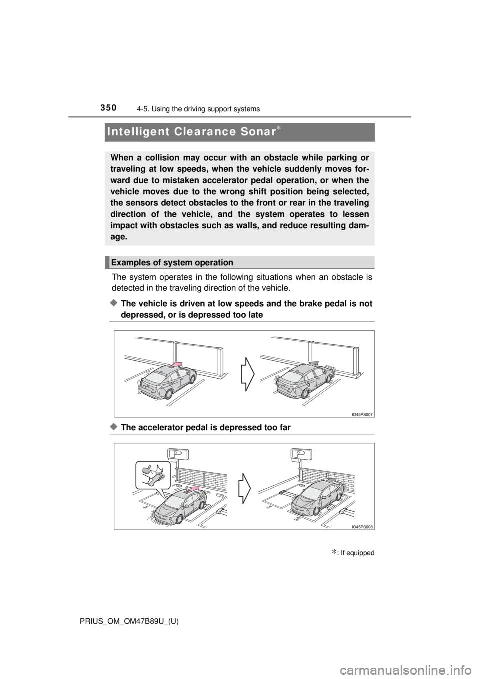 TOYOTA PRIUS 2018  Owners Manual (in English) 350
PRIUS_OM_OM47B89U_(U)
4-5. Using the driving support systems
Intelligent Clearance Sonar∗
The system operates in the following  situations when an obstacle is
detected in the traveling direction