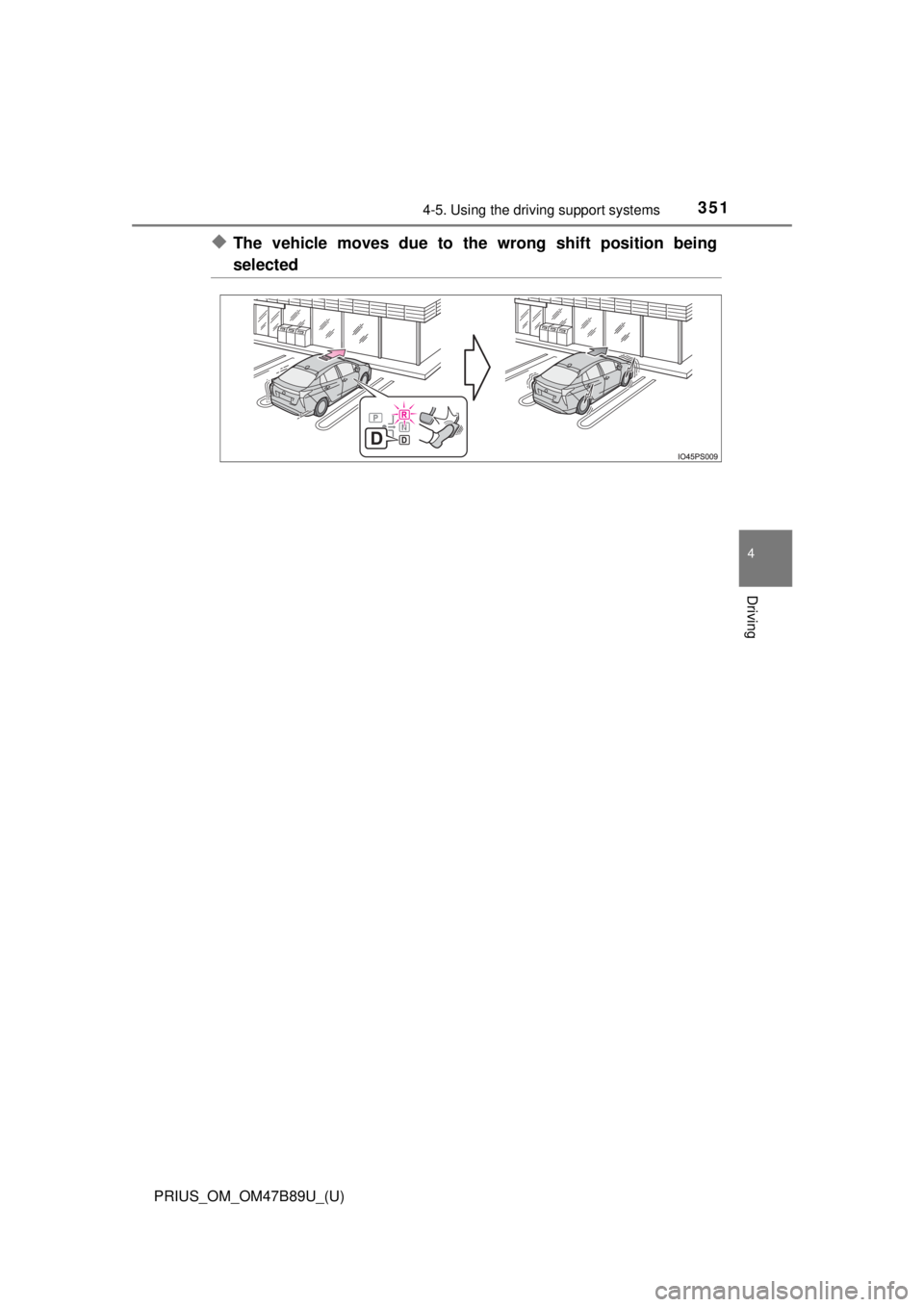 TOYOTA PRIUS 2018 Owners Manual (in English) PRIUS_OM_OM47B89U_(U)
3514-5. Using the driving support systems
4
Driving
◆The vehicle moves due to the wrong shift position being
selected TOYOTA PRIUS 2018 Owners Manual (in English) PRIUS_OM_OM47B89U_(U)
3514-5. Using the driving support systems
4
Driving
◆The vehicle moves due to the wrong shift position being
selected