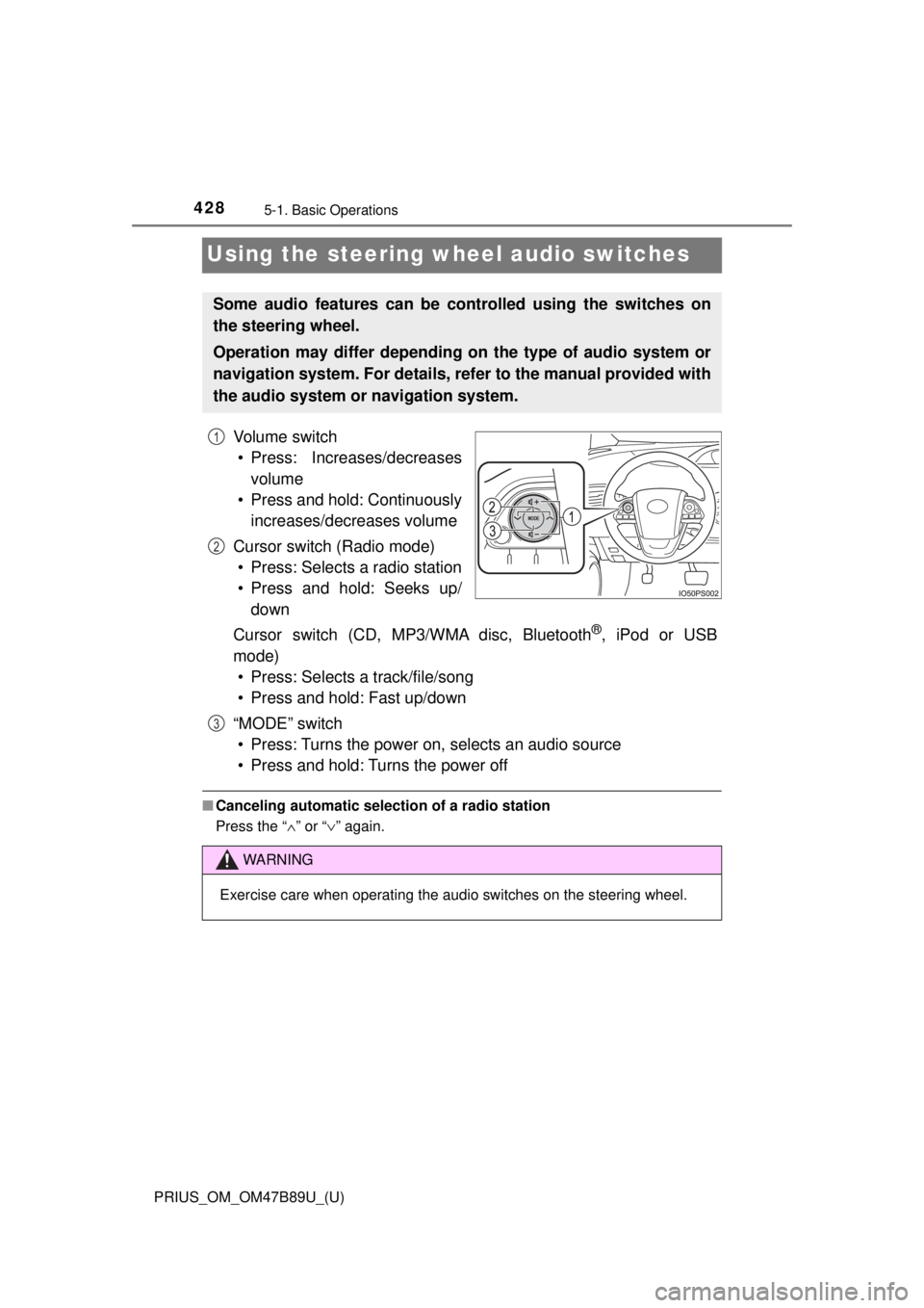 TOYOTA PRIUS 2018  Owners Manual (in English) 428
PRIUS_OM_OM47B89U_(U)
5-1. Basic Operations
Using the steering wheel audio switches
Vo l u m e  s w i t c h• Press: Increases/decreases volume
• Press and hold: Continuously increases/decrease