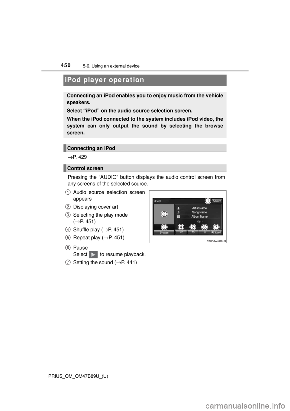 TOYOTA PRIUS 2018  Owners Manual (in English) 450
PRIUS_OM_OM47B89U_(U)
5-6. Using an external device
iPod player operation
→P.  4 2 9
Pressing the “AUDIO” button disp lays the audio control screen from
any screens of the selected source.
A
