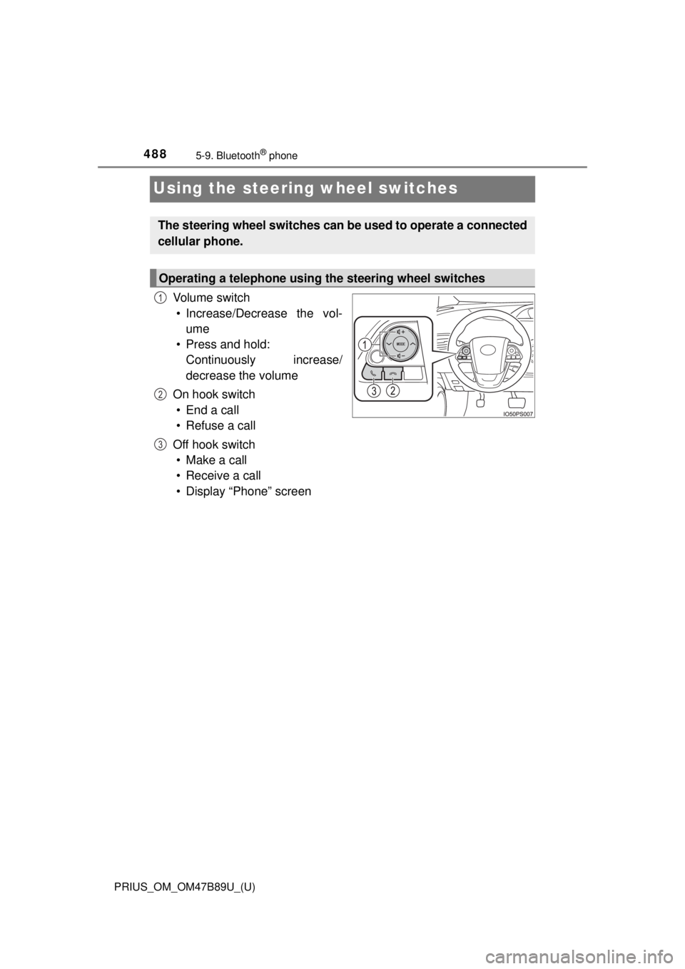 TOYOTA PRIUS 2018  Owners Manual (in English) 488
PRIUS_OM_OM47B89U_(U)
5-9. Bluetooth® phone
Using the steering wheel switches
Vo l u m e  s w i t c h
• Increase/Decrease the vol- ume
• Press and hold:  Continuously increase/
decrease the v