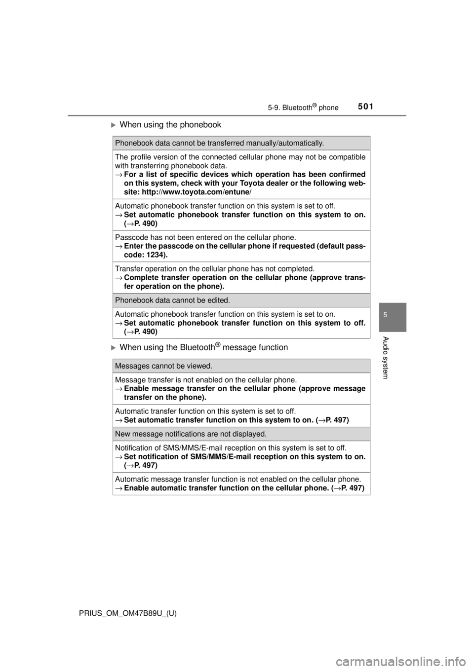 TOYOTA PRIUS 2018 Owners Manual (in English) PRIUS_OM_OM47B89U_(U)
5015-9. Bluetooth® phone
5
Audio system
When using the phonebook
When using the Bluetooth® message function
Phonebook data cannot be transferred manually/automatically.
T TOYOTA PRIUS 2018 Owners Manual (in English) PRIUS_OM_OM47B89U_(U)
5015-9. Bluetooth® phone
5
Audio system
When using the phonebook
When using the Bluetooth® message function
Phonebook data cannot be transferred manually/automatically.
T