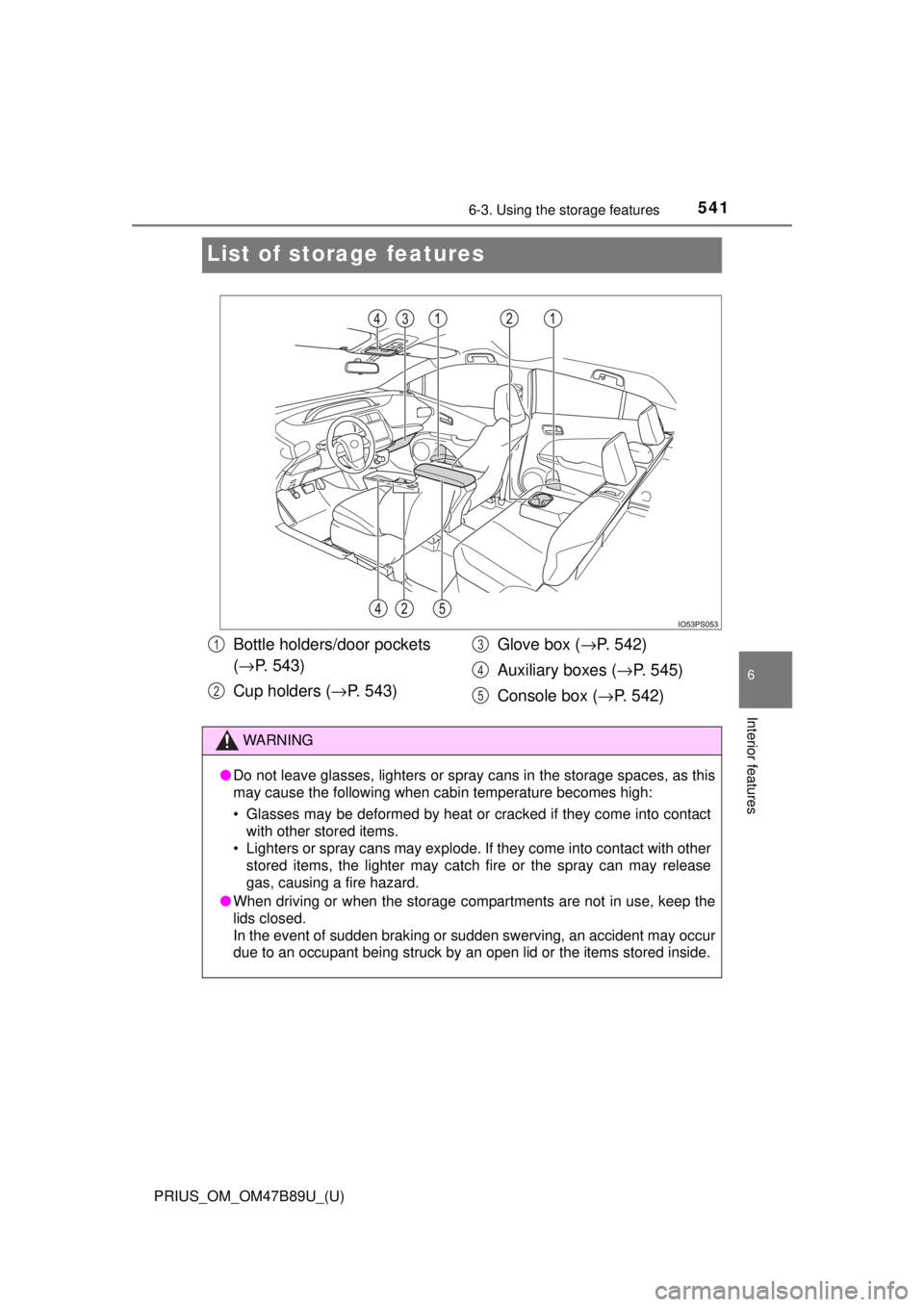 TOYOTA PRIUS 2018  Owners Manual (in English) 541
PRIUS_OM_OM47B89U_(U)
6-3. Using the storage features
6
Interior features
List of storage features
Bottle holders/door pockets 
(→ P. 543)
Cup holders ( →P. 543) Glove box (
→P. 542)
Auxilia