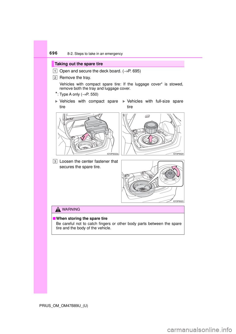 TOYOTA PRIUS 2018  Owners Manual (in English) 6968-2. Steps to take in an emergency
PRIUS_OM_OM47B89U_(U)
Open and secure the deck board. (→P. 695)
Remove the tray.
Vehicles with compact spare tire: If the luggage cover* is stowed,
remove both 