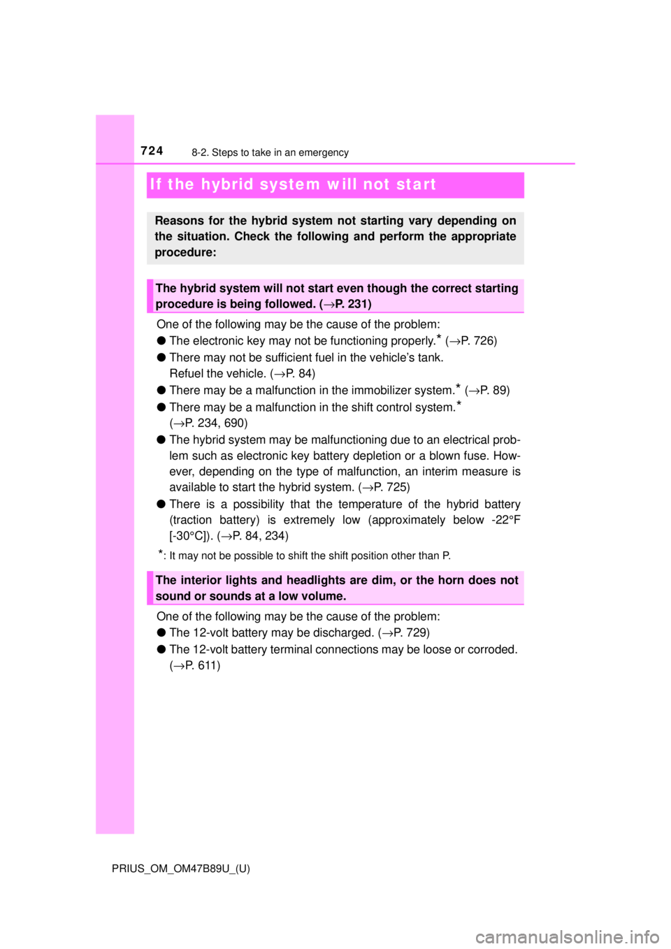 TOYOTA PRIUS 2018 Owners Manual (in English) 724
PRIUS_OM_OM47B89U_(U)
8-2. Steps to take in an emergency
If the hybrid system will not start
One of the following may be the cause of the problem:
●The electronic key may not be functioning prop TOYOTA PRIUS 2018 Owners Manual (in English) 724
PRIUS_OM_OM47B89U_(U)
8-2. Steps to take in an emergency
If the hybrid system will not start
One of the following may be the cause of the problem:
●The electronic key may not be functioning prop