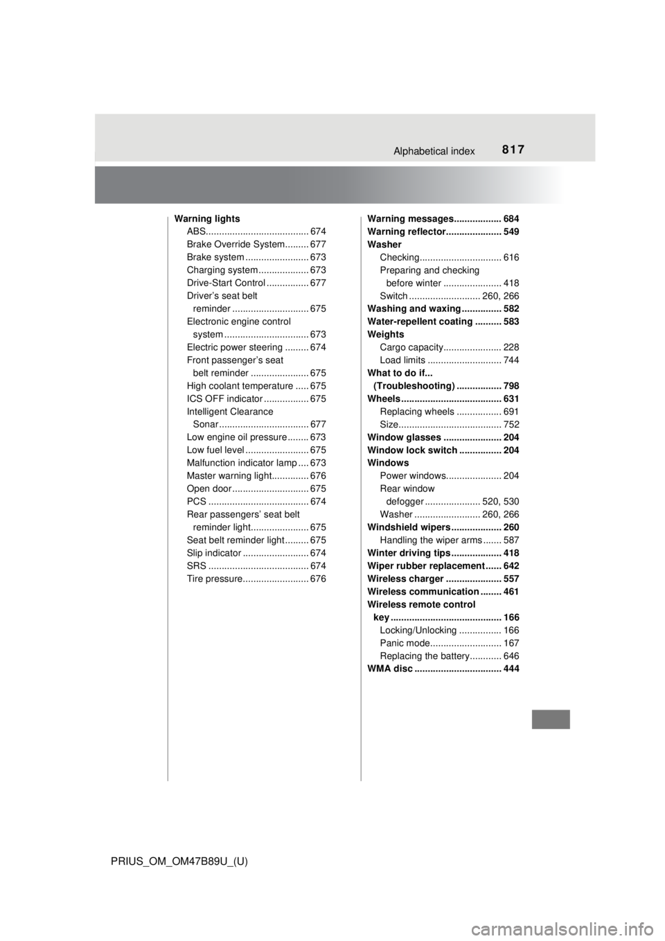 TOYOTA PRIUS 2018 Owners Manual (in English) 817Alphabetical index
PRIUS_OM_OM47B89U_(U)
Warning lightsABS....................................... 674
Brake Override System......... 677
Brake system ....... ................. 673
Charging system . TOYOTA PRIUS 2018 Owners Manual (in English) 817Alphabetical index
PRIUS_OM_OM47B89U_(U)
Warning lightsABS....................................... 674
Brake Override System......... 677
Brake system ....... ................. 673
Charging system .