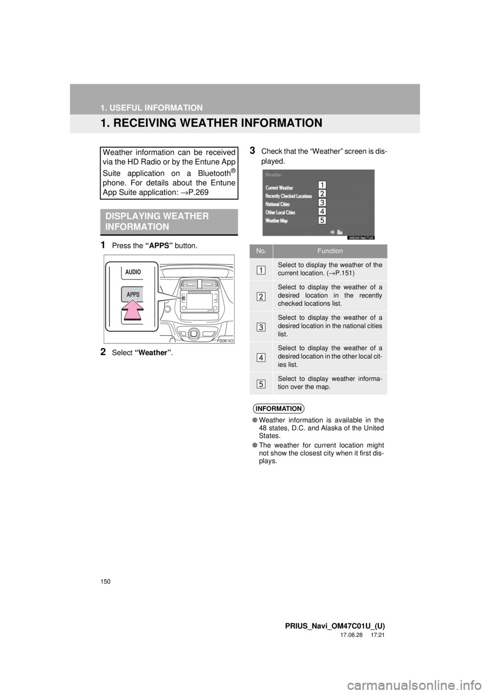 TOYOTA PRIUS 2018 Accessories, Audio & Navigation (in English) 150
PRIUS_Navi_OM47C01U_(U)
17.08.28 17:21
1. USEFUL INFORMATION
1. RECEIVING WEATHER INFORMATION
1Press the “APPS” button.
2Select “Weather” .
3Check that the “Weather” screen is dis- TOYOTA PRIUS 2018 Accessories, Audio & Navigation (in English) 150
PRIUS_Navi_OM47C01U_(U)
17.08.28 17:21
1. USEFUL INFORMATION
1. RECEIVING WEATHER INFORMATION
1Press the “APPS” button.
2Select “Weather” .
3Check that the “Weather” screen is dis-