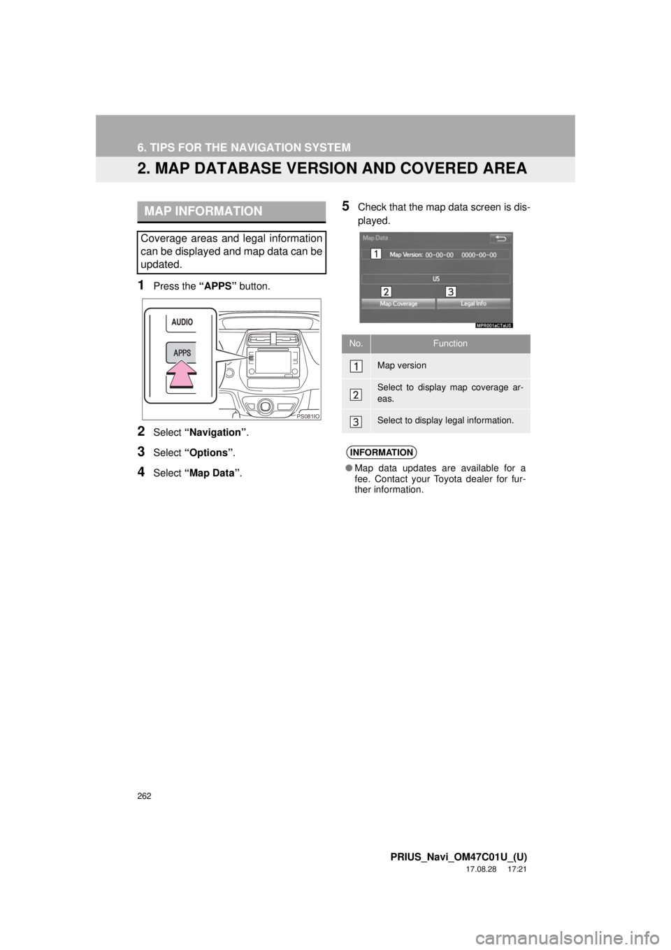 TOYOTA PRIUS 2018 Accessories, Audio & Navigation (in English) 262
6. TIPS FOR THE NAVIGATION SYSTEM
PRIUS_Navi_OM47C01U_(U)
17.08.28 17:21
2. MAP DATABASE VERSION AND COVERED AREA
1Press the “APPS” button.
2Select “Navigation” .
3Select “Options” TOYOTA PRIUS 2018 Accessories, Audio & Navigation (in English) 262
6. TIPS FOR THE NAVIGATION SYSTEM
PRIUS_Navi_OM47C01U_(U)
17.08.28 17:21
2. MAP DATABASE VERSION AND COVERED AREA
1Press the “APPS” button.
2Select “Navigation” .
3Select “Options”