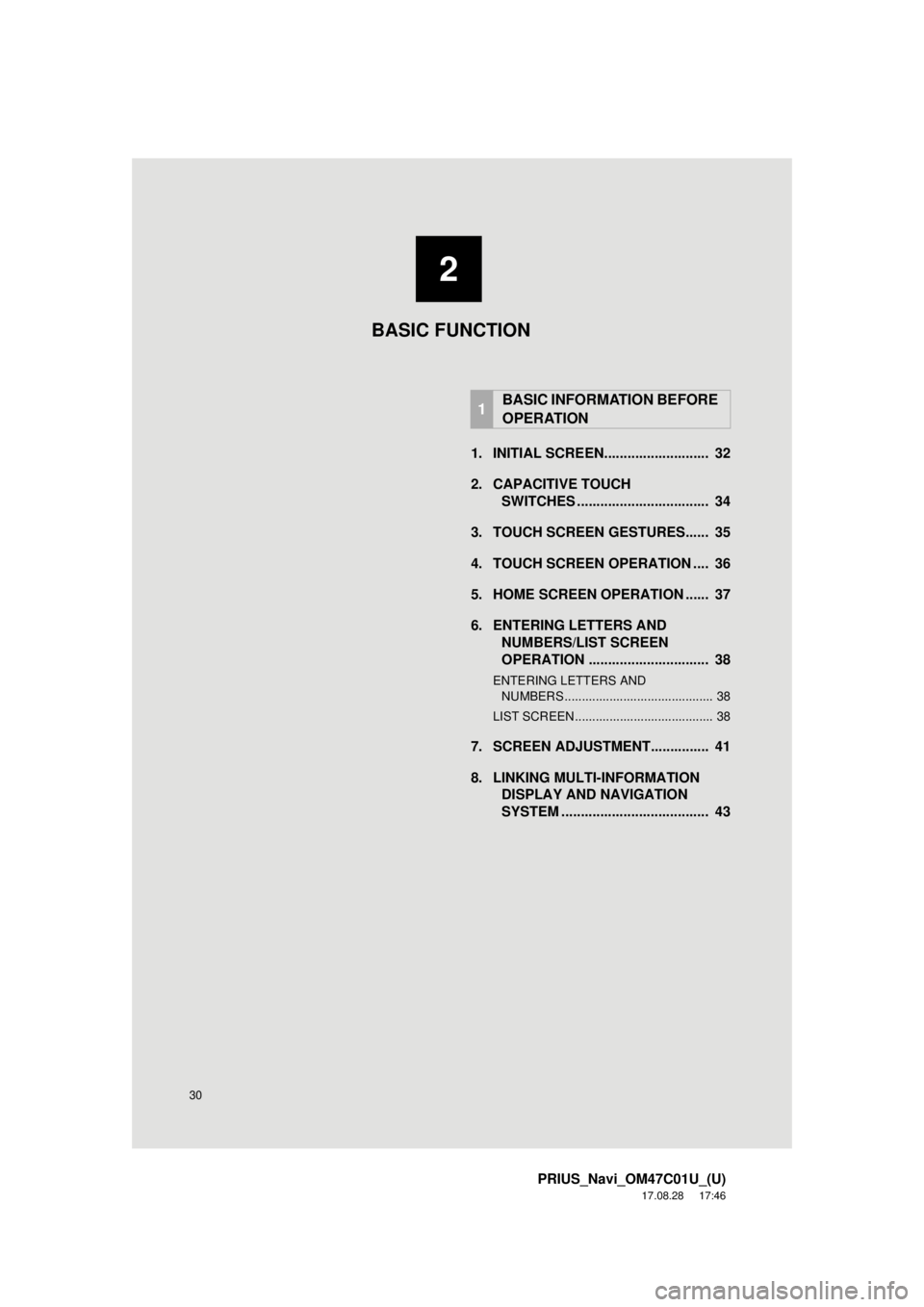 TOYOTA PRIUS 2018  Accessories, Audio & Navigation (in English) 30
PRIUS_Navi_OM47C01U_(U)
17.08.28     17:46
1. INITIAL SCREEN...........................  32
2. CAPACITIVE TOUCHSWITCHES ..................................  34
3. TOUCH SCREEN GESTURES......  35
4. 