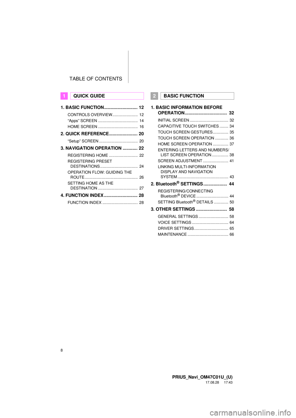 TOYOTA PRIUS 2018 Accessories, Audio & Navigation (in English) TABLE OF CONTENTS
8
PRIUS_Navi_OM47C01U_(U)
17.08.28 17:43
1. BASIC FUNCTION........................... 12
CONTROLS OVERVIEW....................... 12
“Apps” SCREEN .......................... TOYOTA PRIUS 2018 Accessories, Audio & Navigation (in English) TABLE OF CONTENTS
8
PRIUS_Navi_OM47C01U_(U)
17.08.28 17:43
1. BASIC FUNCTION........................... 12
CONTROLS OVERVIEW....................... 12
“Apps” SCREEN ..........................