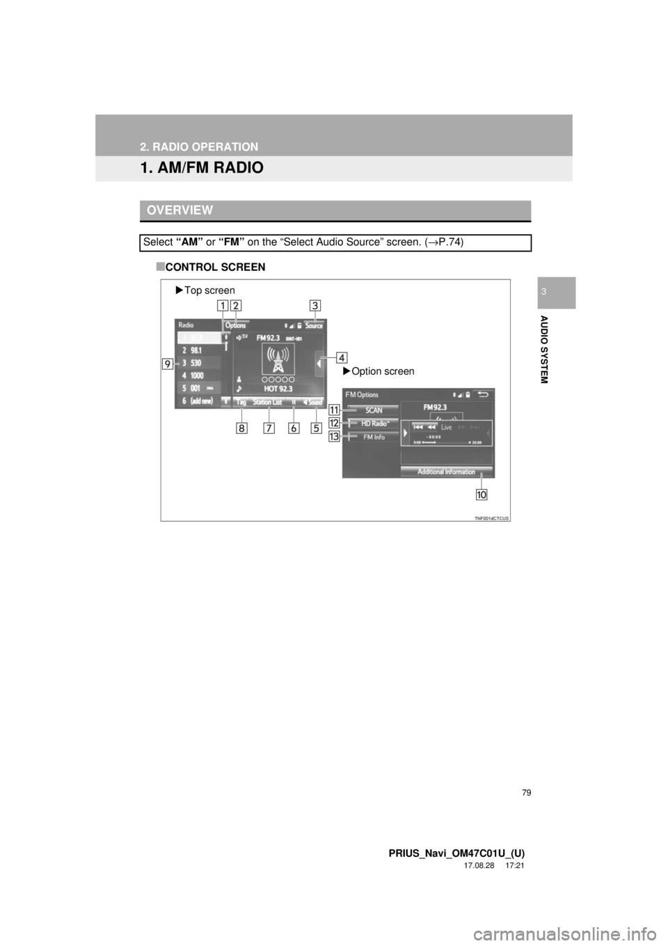 TOYOTA PRIUS 2018  Accessories, Audio & Navigation (in English) 79
PRIUS_Navi_OM47C01U_(U)
17.08.28     17:21
AUDIO SYSTEM
3
2. RADIO OPERATION
1. AM/FM RADIO
■CONTROL SCREEN
OVERVIEW
Select “AM” or “FM”  on the “Select Audio Source” screen. ( →P.7