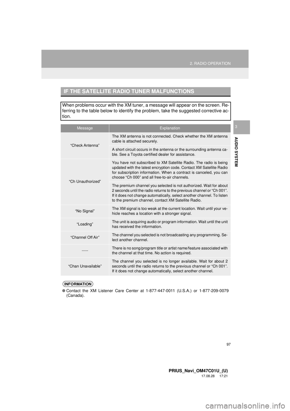 TOYOTA PRIUS 2018 Accessories, Audio & Navigation (in English) 97
2. RADIO OPERATION
PRIUS_Navi_OM47C01U_(U)
17.08.28 17:21
AUDIO SYSTEM
3
IF THE SATELLITE RADIO TUNER MALFUNCTIONS
When problems occur with the XM tuner, a message will appear on the screen. Re TOYOTA PRIUS 2018 Accessories, Audio & Navigation (in English) 97
2. RADIO OPERATION
PRIUS_Navi_OM47C01U_(U)
17.08.28 17:21
AUDIO SYSTEM
3
IF THE SATELLITE RADIO TUNER MALFUNCTIONS
When problems occur with the XM tuner, a message will appear on the screen. Re