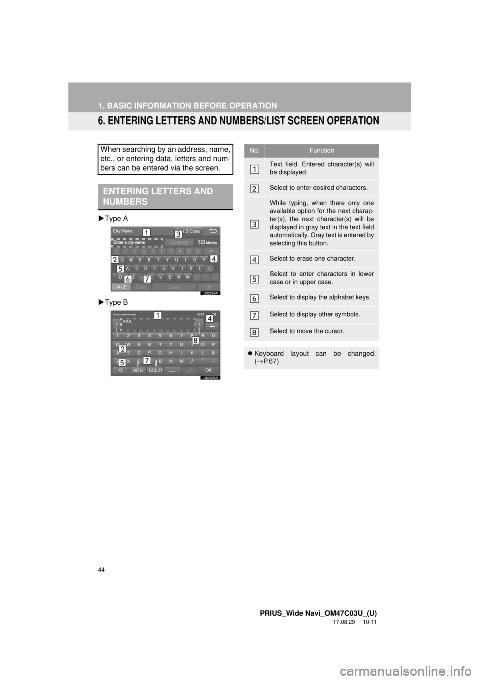 TOYOTA PRIUS 2018 Accessories, Audio & Navigation (in English) 44
1. BASIC INFORMATION BEFORE OPERATION
PRIUS_Wide Navi_OM47C03U_(U)
17.08.29 10:11
6. ENTERING LETTERS AND NUMBERS/LIST SCREEN OPERATION
Type A
Type B
When searching by an address, name,
TOYOTA PRIUS 2018 Accessories, Audio & Navigation (in English) 44
1. BASIC INFORMATION BEFORE OPERATION
PRIUS_Wide Navi_OM47C03U_(U)
17.08.29 10:11
6. ENTERING LETTERS AND NUMBERS/LIST SCREEN OPERATION
Type A
Type B
When searching by an address, name,