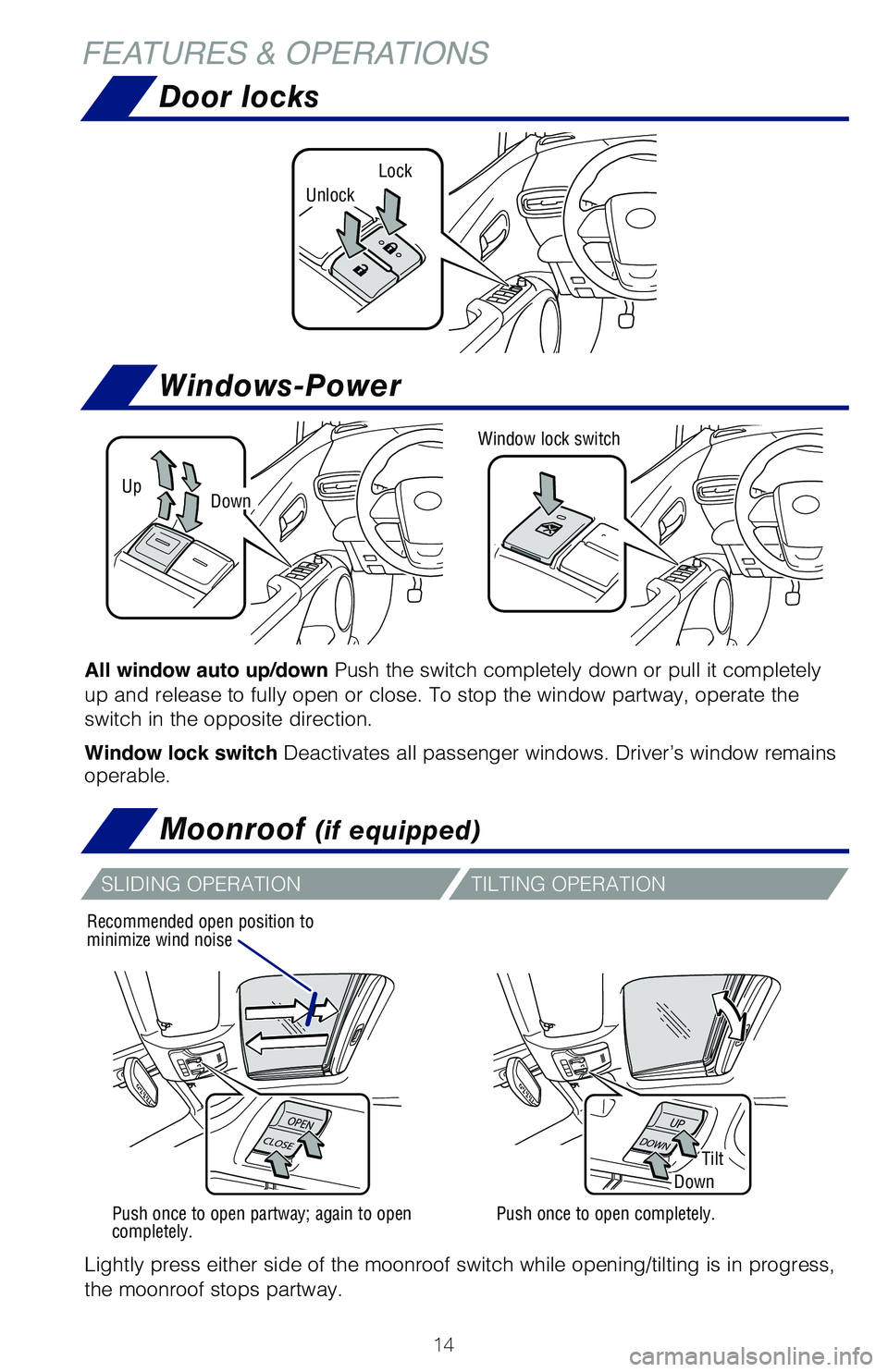 TOYOTA PRIUS 2019 (in English) User Guide 14
Windows-Power
Door locks
Moonroof (if equipped)
UpDown
Window lock switch
All window auto up/down Push the switch completely down or pull it completely
up and release to fully open or close. To st TOYOTA PRIUS 2019 (in English) User Guide 14
Windows-Power
Door locks
Moonroof (if equipped)
UpDown
Window lock switch
All window auto up/down Push the switch completely down or pull it completely
up and release to fully open or close. To st