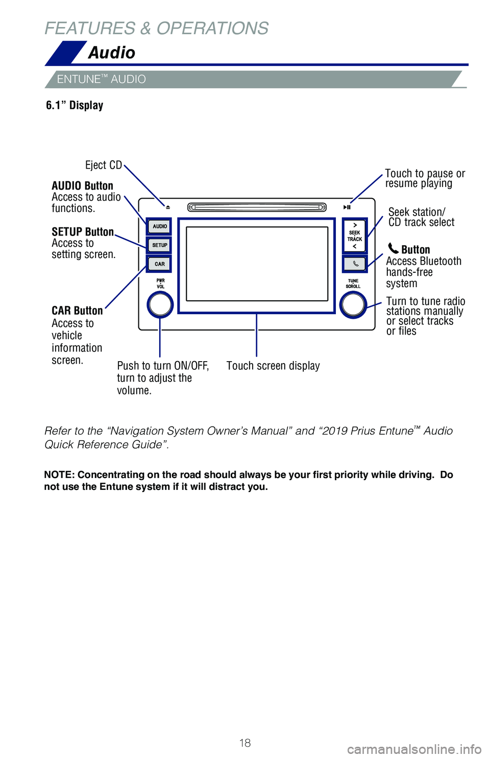 TOYOTA PRIUS 2019 (in English) User Guide 18
6.1” Display
Audio
FEATURES & OPERATIONS
CAR ButtonAccess to vehicle information screen. Touch screen displayPush to turn ON/OFF, turn to adjust the volume.
Seek station/CD track select
Touch to TOYOTA PRIUS 2019 (in English) User Guide 18
6.1” Display
Audio
FEATURES & OPERATIONS
CAR ButtonAccess to vehicle information screen. Touch screen displayPush to turn ON/OFF, turn to adjust the volume.
Seek station/CD track select
Touch to