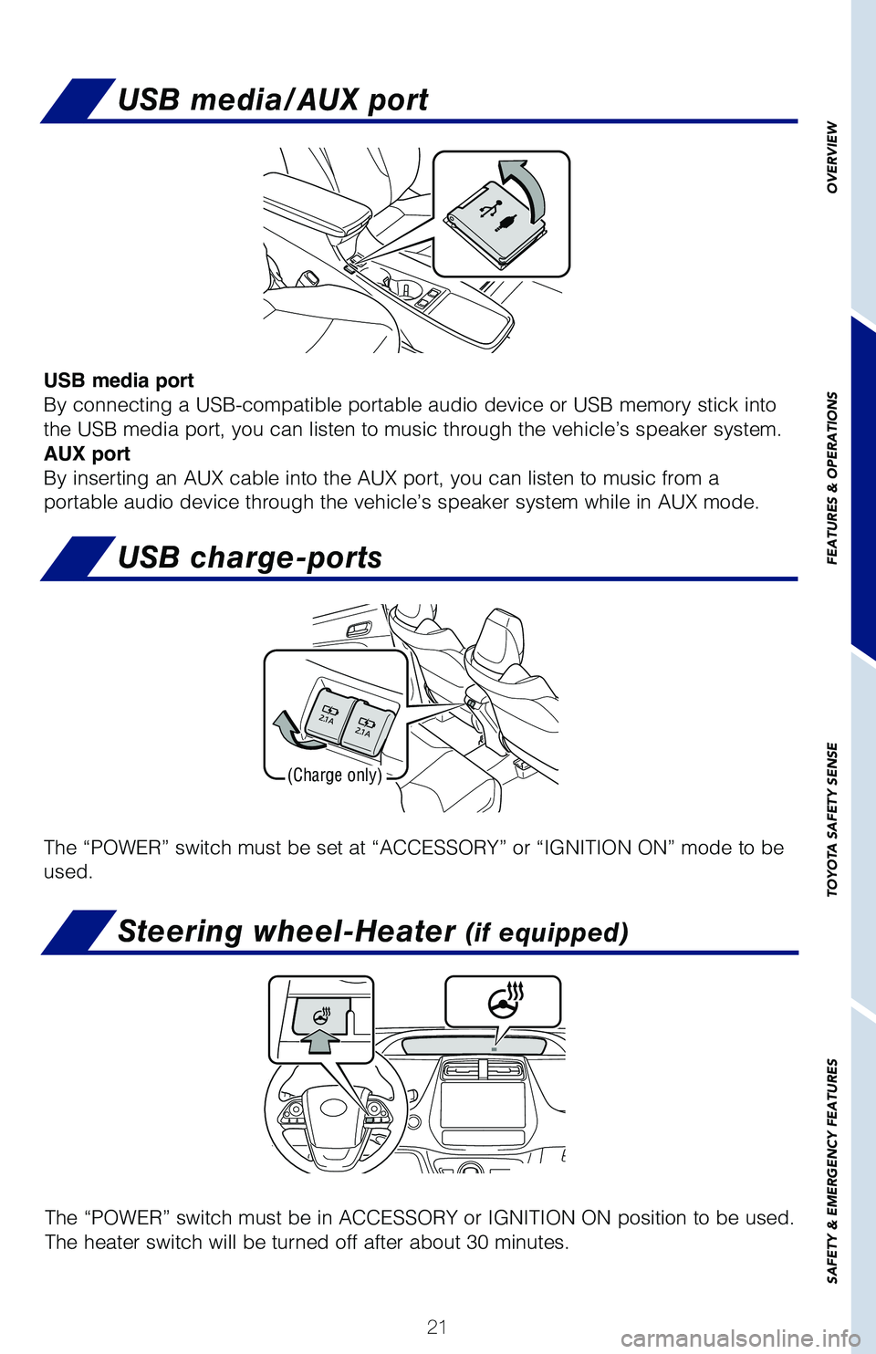 TOYOTA PRIUS 2019 (in English) Owners Manual 21
USB media/AUX port
USB media port
By connecting a USB-compatible portable audio device or USB memory stick into
the USB media port, you can listen to music through the vehicle’s speaker system.
TOYOTA PRIUS 2019 (in English) Owners Manual 21
USB media/AUX port
USB media port
By connecting a USB-compatible portable audio device or USB memory stick into
the USB media port, you can listen to music through the vehicle’s speaker system.