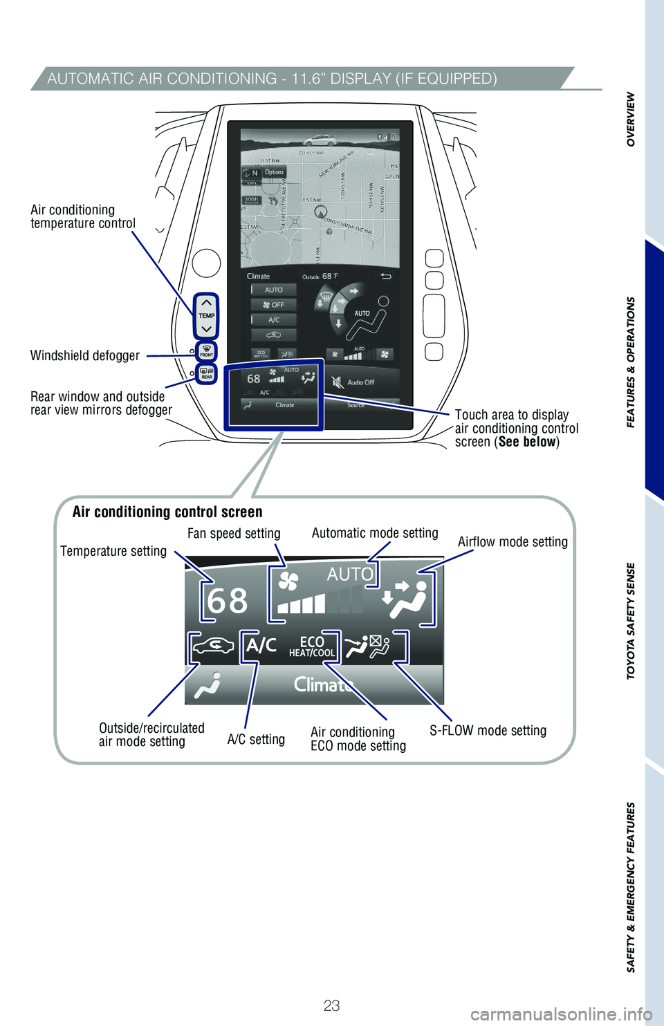 TOYOTA PRIUS 2019 (in English) Owners Manual 23
AUTOMATIC AIR CONDITIONING - 11.6” DISPLAY (IF EQUIPPED)
Air conditioning temperature control
Windshield defogger
Rear window and outside rear view mirrors defogger
Temperature setting
Fan speed TOYOTA PRIUS 2019 (in English) Owners Manual 23
AUTOMATIC AIR CONDITIONING - 11.6” DISPLAY (IF EQUIPPED)
Air conditioning temperature control
Windshield defogger
Rear window and outside rear view mirrors defogger
Temperature setting
Fan speed