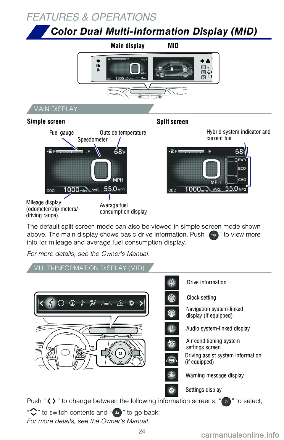 TOYOTA PRIUS 2019 (in English) Owners Manual 24
MAIN DISPLAY
MULTI-INFORMATION DISPLAY (MID)
Color Dual Multi-Information Display (MID)
Push “” to change between the following information screens, “” to select,
“” to switch contents TOYOTA PRIUS 2019 (in English) Owners Manual 24
MAIN DISPLAY
MULTI-INFORMATION DISPLAY (MID)
Color Dual Multi-Information Display (MID)
Push “” to change between the following information screens, “” to select,
“” to switch contents