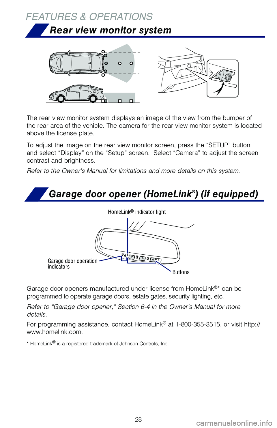 TOYOTA PRIUS 2019 (in English) Owners Manual 28
Garage door opener (HomeLink®) (if equipped)
Garage door openers manufactured under license from HomeLink®* can be
programmed to operate garage doors, estate gates, security lighting, etc.
Refer TOYOTA PRIUS 2019 (in English) Owners Manual 28
Garage door opener (HomeLink®) (if equipped)
Garage door openers manufactured under license from HomeLink®* can be
programmed to operate garage doors, estate gates, security lighting, etc.
Refer