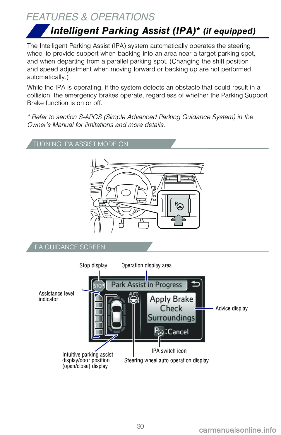TOYOTA PRIUS 2019 (in English) Owners Guide 30
FEATURES & OPERATIONS
The Intelligent Parking Assist (IPA) system automatically operates the steering
wheel to provide support when backing into an area near a target parking spot,
and when depar TOYOTA PRIUS 2019 (in English) Owners Guide 30
FEATURES & OPERATIONS
The Intelligent Parking Assist (IPA) system automatically operates the steering
wheel to provide support when backing into an area near a target parking spot,
and when depar