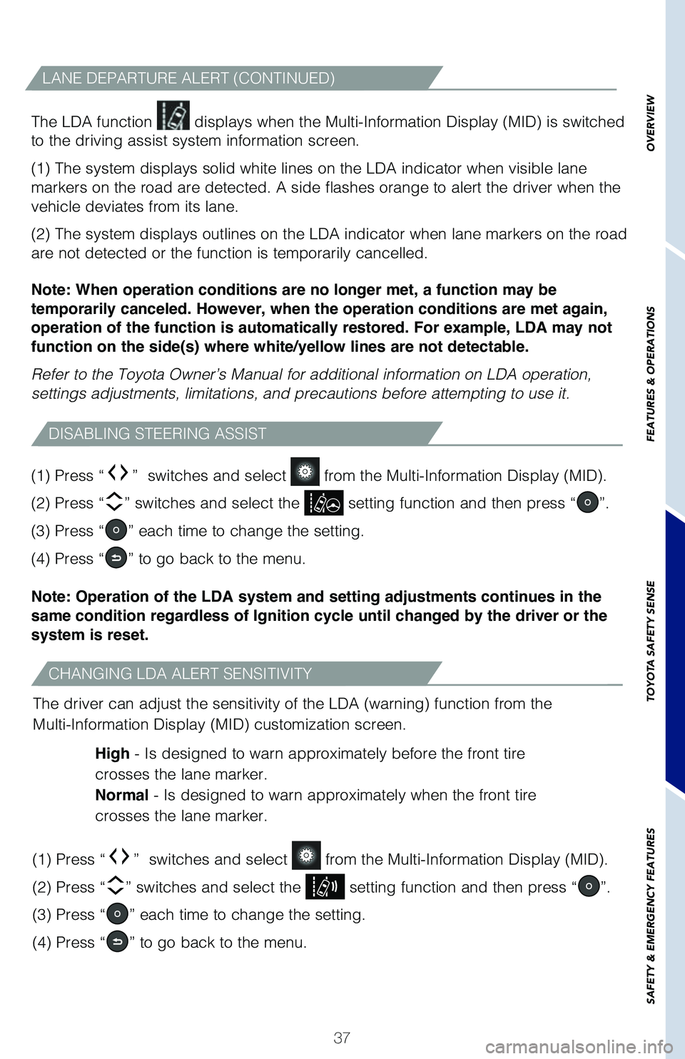 TOYOTA PRIUS 2019 (in English) Owners Guide 37
OVERVIEW
FEATURES & OPERATIONS
TOYOTA SAFETY SENSE
SAFETY & EMERGENCY FEATURES
LANE DEPARTURE ALERT (CONTINUED)
The LDA function displays when the Multi-Information Display (MID) is switched
to t TOYOTA PRIUS 2019 (in English) Owners Guide 37
OVERVIEW
FEATURES & OPERATIONS
TOYOTA SAFETY SENSE
SAFETY & EMERGENCY FEATURES
LANE DEPARTURE ALERT (CONTINUED)
The LDA function displays when the Multi-Information Display (MID) is switched
to t