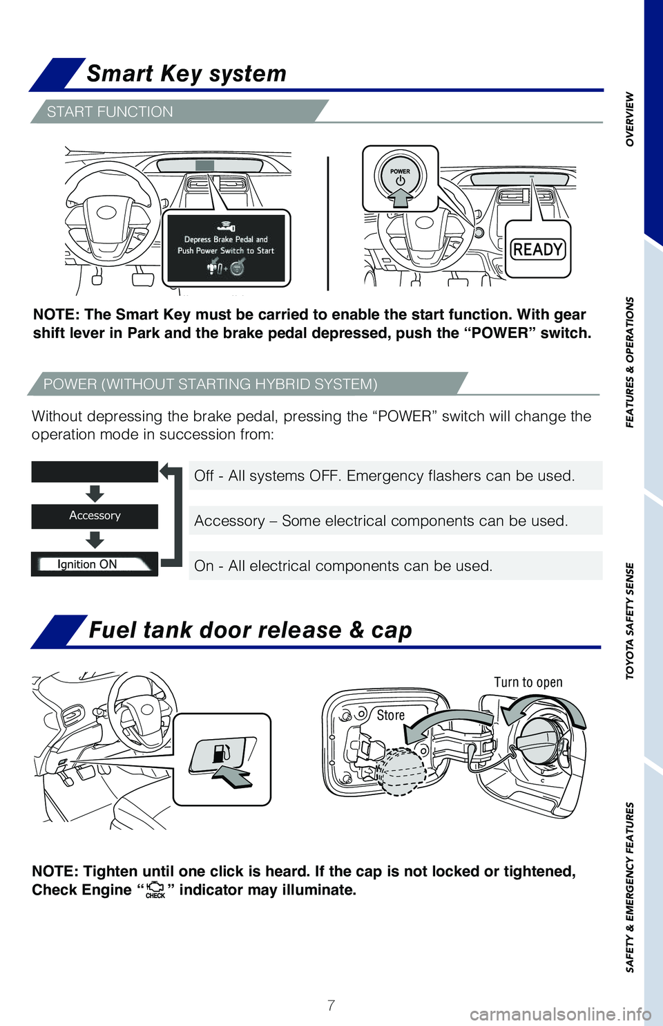 TOYOTA PRIUS 2019  Owners Manual (in English) 7
OVERVIEW
FEATURES & OPERATIONS
TOYOTA SAFETY SENSE
SAFETY & EMERGENCY FEATURES
START FUNCTION
Fuel tank door release & cap
NOTE: Tighten until one click is heard. If the cap is not locked or tighten