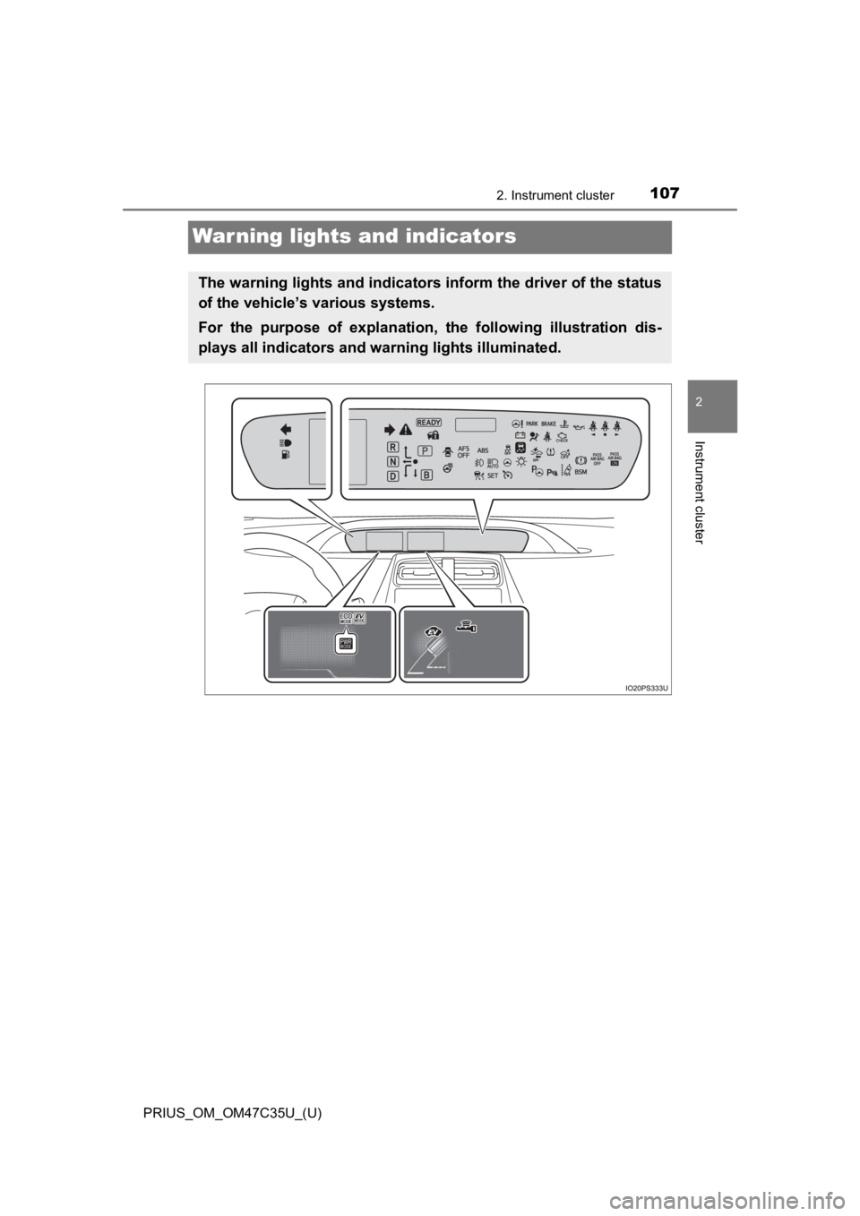 TOYOTA PRIUS 2019  Owners Manual (in English) 107
PRIUS_OM_OM47C35U_(U)
2. Instrument cluster
2
Instrument cluster
Warning lights and indicators
The warning lights and indicators inform the driver of the status
of the vehicle’s various systems.