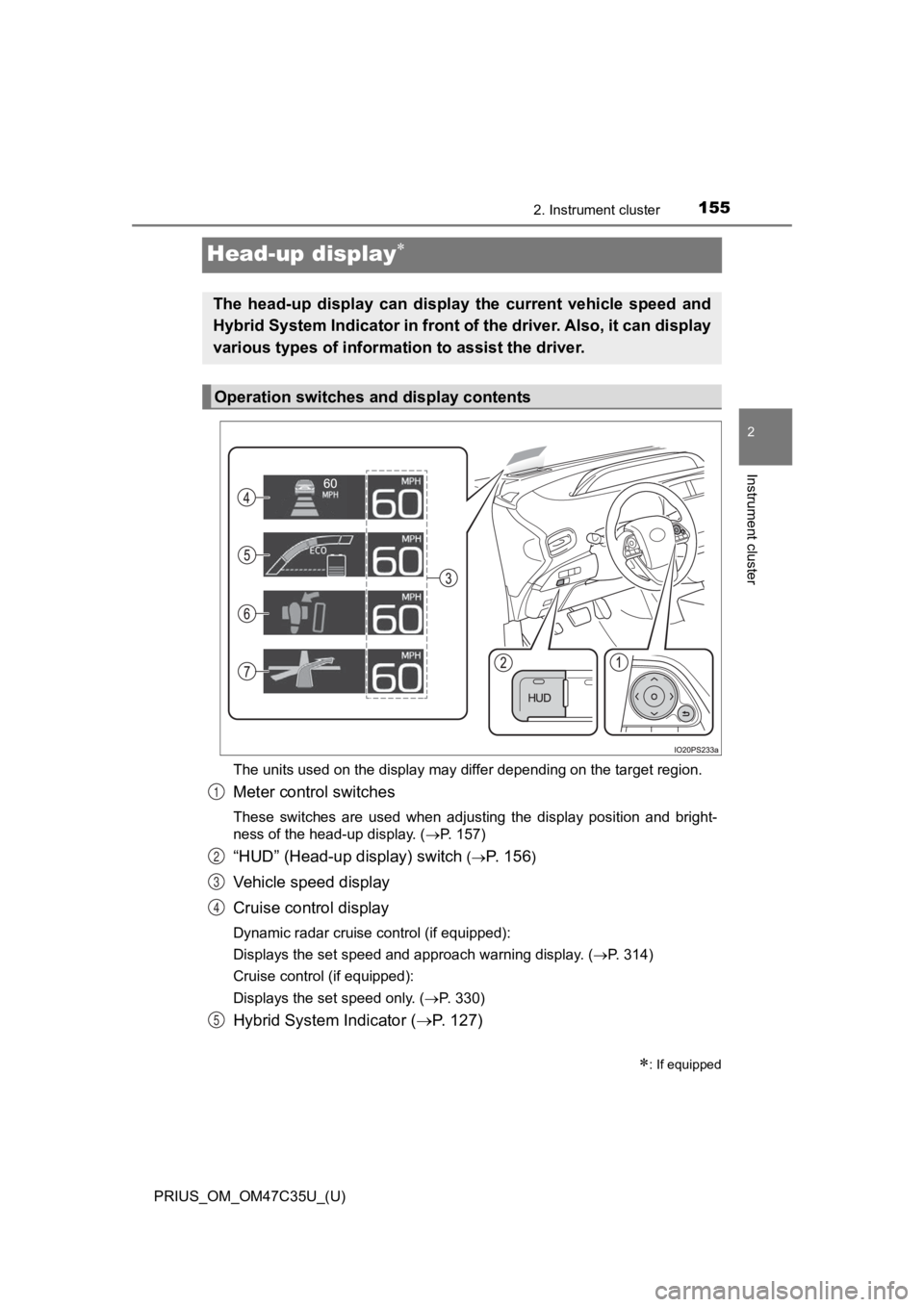 TOYOTA PRIUS 2019  Owners Manual (in English) 155
PRIUS_OM_OM47C35U_(U)
2. Instrument cluster
2
Instrument cluster
Head-up display
The units used on the display may differ depending on the target region.
Meter control switches
These  switches 