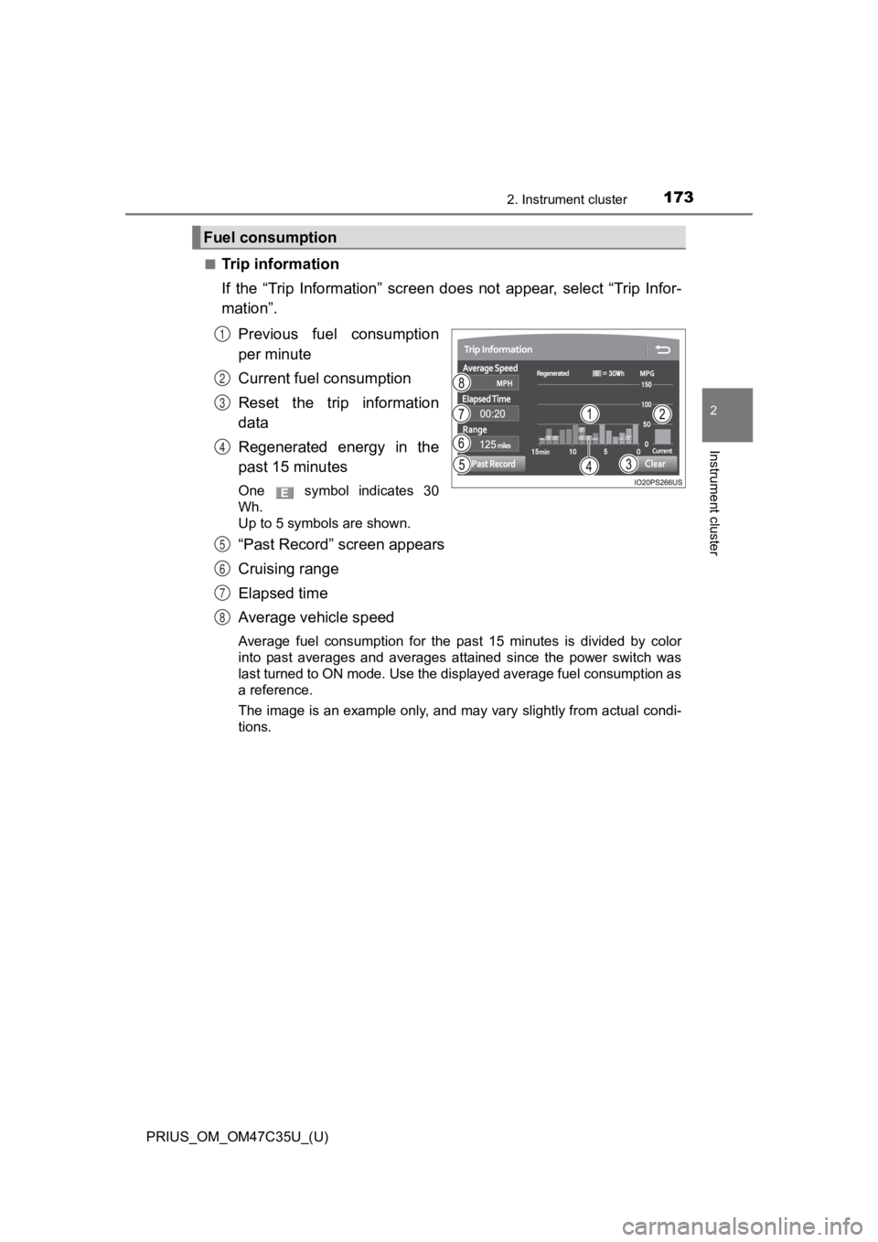 TOYOTA PRIUS 2019  Owners Manual (in English) PRIUS_OM_OM47C35U_(U)
1732. Instrument cluster
2
Instrument cluster
■Trip information
If  the  “Trip  Information”  screen  does  not  appear,  select  “Trip Infor-
mation”.
Previous  fuel  