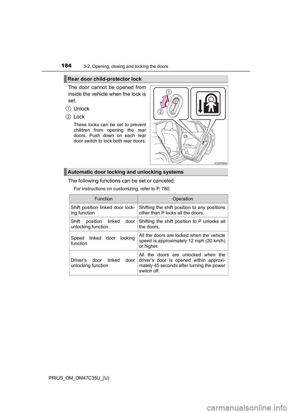 TOYOTA PRIUS 2019  Owners Manual (in English) 184
PRIUS_OM_OM47C35U_(U)
3-2. Opening, closing and locking the doors
The  door  cannot  be  opened  from
inside the vehicle when the lock is
set.Unlock
Lock
These  locks  can  be  set  to  prevent
ch
