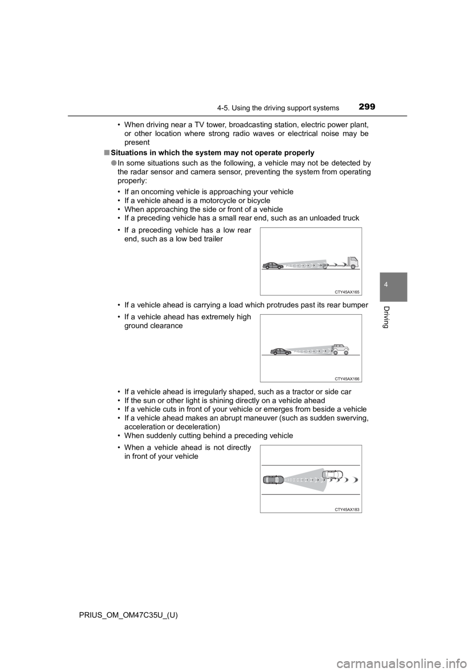 TOYOTA PRIUS 2019 Owners Manual (in English) PRIUS_OM_OM47C35U_(U)
2994-5. Using the driving support systems
4
Driving
• When driving near a TV tower, broadcasting station, electric power plant,
or other location where strong radio waves TOYOTA PRIUS 2019 Owners Manual (in English) PRIUS_OM_OM47C35U_(U)
2994-5. Using the driving support systems
4
Driving
• When driving near a TV tower, broadcasting station, electric power plant,
or other location where strong radio waves