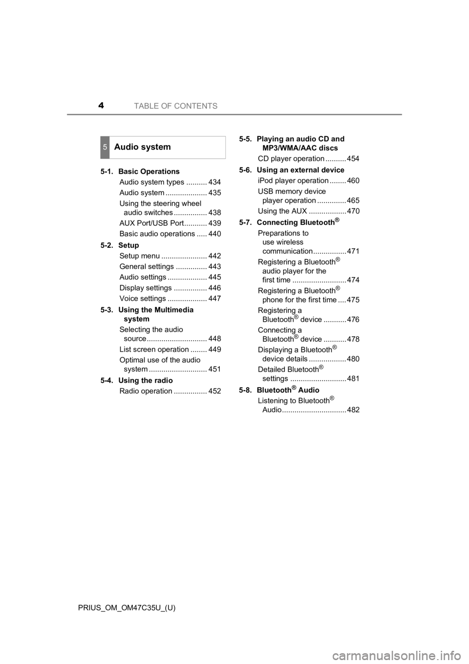 TOYOTA PRIUS 2019  Owners Manual (in English) TABLE OF CONTENTS4
PRIUS_OM_OM47C35U_(U)5-1. Basic Operations
Audio system types .......... 434
Audio system .................... 435
Using the steering wheel audio switches ................ 438
AUX P