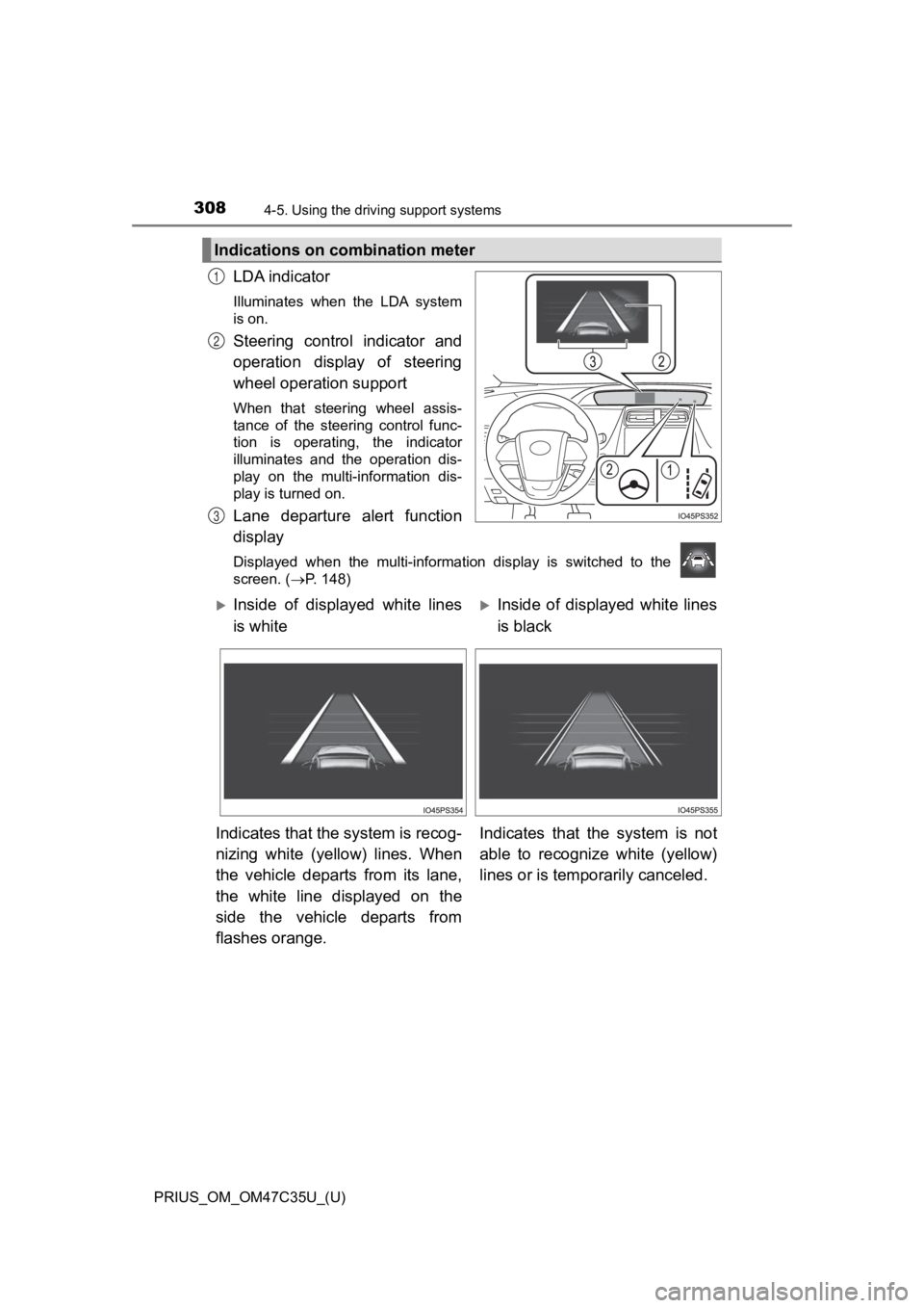 TOYOTA PRIUS 2019  Owners Manual (in English) 308
PRIUS_OM_OM47C35U_(U)
4-5. Using the driving support systems
LDA indicator
Illuminates  when  the  LDA  system
is on.
Steering  control  indicator  and
operation  display  of  steering
wheel opera