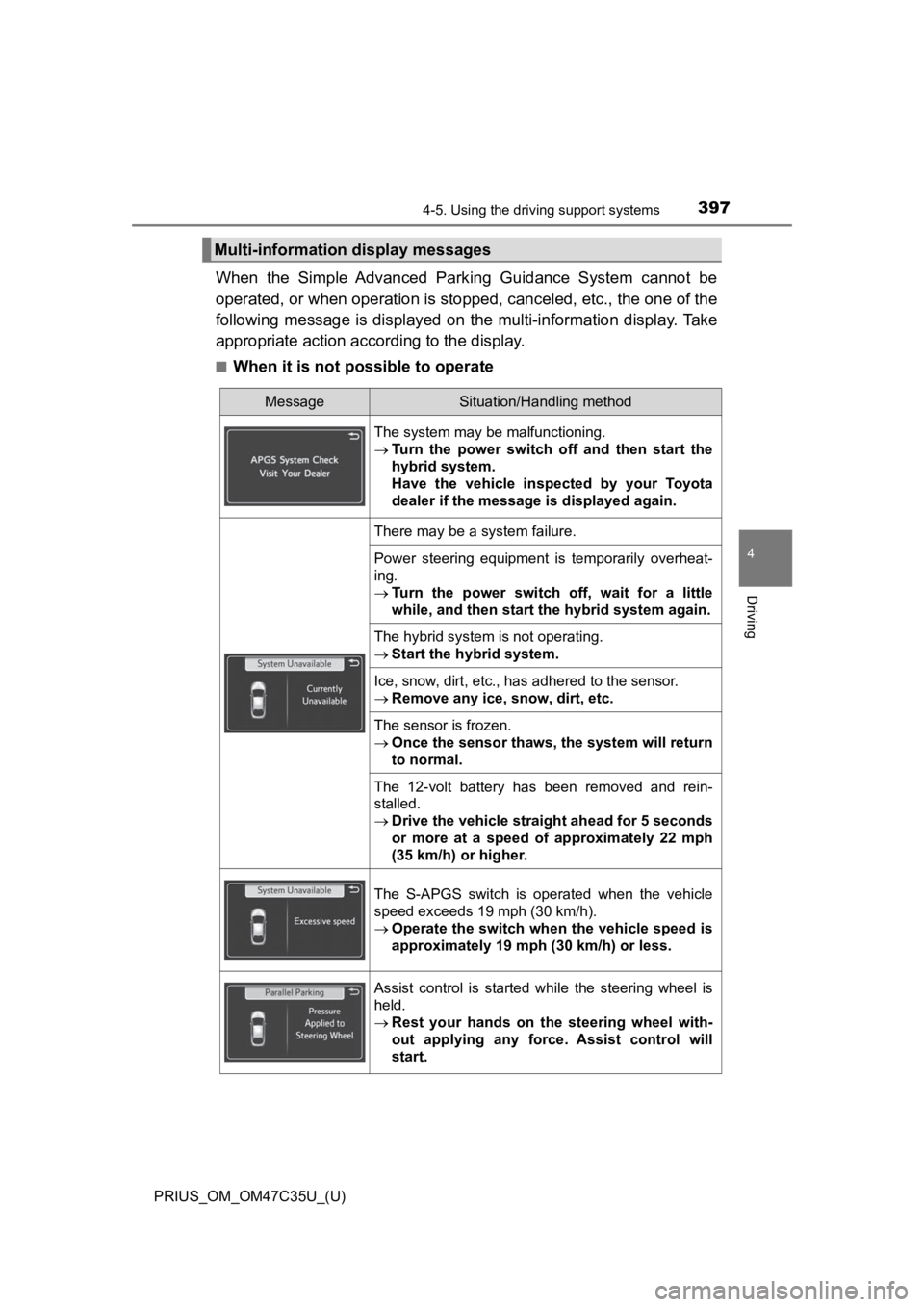 TOYOTA PRIUS 2019 Owners Manual (in English) PRIUS_OM_OM47C35U_(U)
3974-5. Using the driving support systems
4
Driving
When the Simple Advanced Park ing Guidance System cannot be
operated, or when operation is stopped, canceled, etc., t TOYOTA PRIUS 2019 Owners Manual (in English) PRIUS_OM_OM47C35U_(U)
3974-5. Using the driving support systems
4
Driving
When the Simple Advanced Park ing Guidance System cannot be
operated, or when operation is stopped, canceled, etc., t