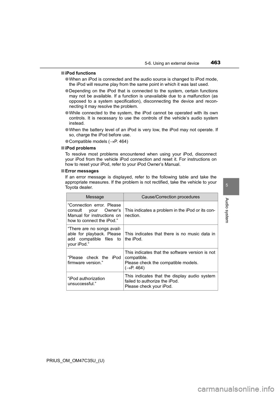TOYOTA PRIUS 2019 Owners Manual (in English) PRIUS_OM_OM47C35U_(U)
4635-6. Using an external device
5
Audio system
■iPod functions
●When an iPod is connected and the audio source is changed to iP od mode,
the iPod will resume play from the s TOYOTA PRIUS 2019 Owners Manual (in English) PRIUS_OM_OM47C35U_(U)
4635-6. Using an external device
5
Audio system
■iPod functions
●When an iPod is connected and the audio source is changed to iP od mode,
the iPod will resume play from the s