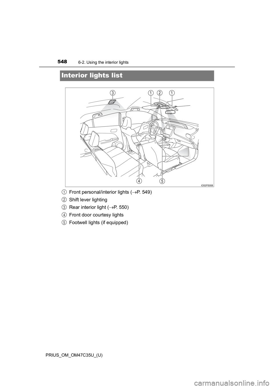 TOYOTA PRIUS 2019 Owners Manual (in English) 548
PRIUS_OM_OM47C35U_(U)
6-2. Using the interior lights
Interior lights list
Front personal/interior lights ( P. 549)
Shift lever lighting
Rear interior light ( P. 550)
Front door courtesy ligh TOYOTA PRIUS 2019 Owners Manual (in English) 548
PRIUS_OM_OM47C35U_(U)
6-2. Using the interior lights
Interior lights list
Front personal/interior lights ( P. 549)
Shift lever lighting
Rear interior light ( P. 550)
Front door courtesy ligh