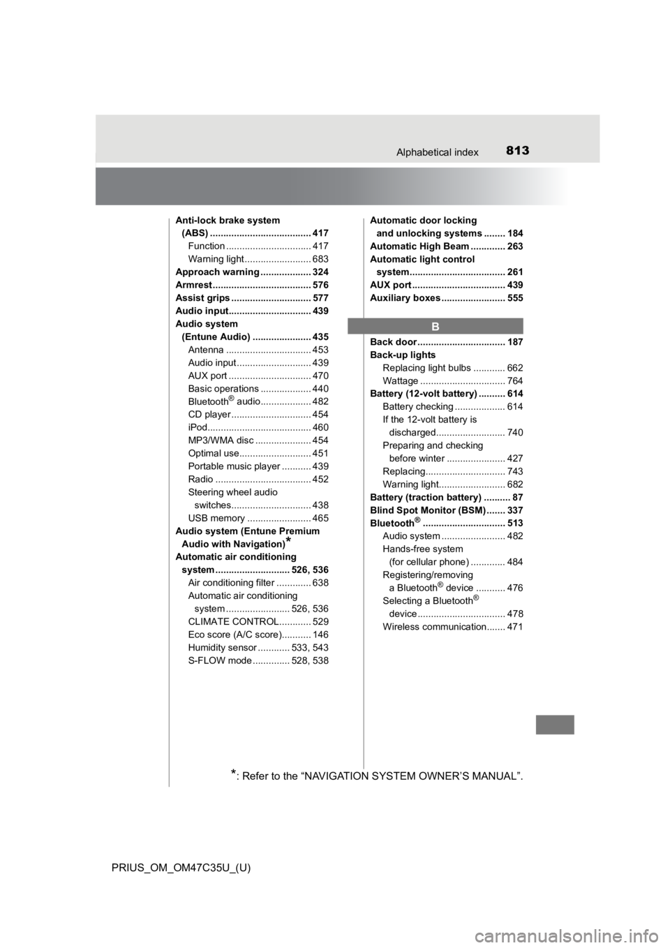 TOYOTA PRIUS 2019  Owners Manual (in English) 813Alphabetical index
PRIUS_OM_OM47C35U_(U)
Anti-lock brake system (ABS) ...................................... 417
Function ................................ 417
Warning light ........................