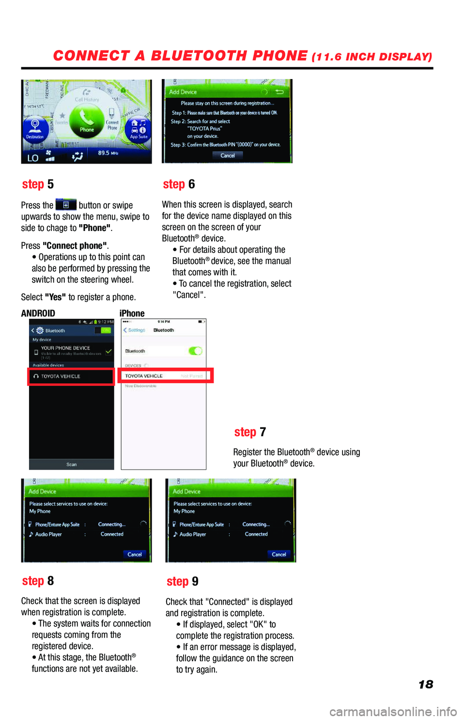 TOYOTA PRIUS 2019 Accessories, Audio & Navigation (in English) 18
CONNECT A BLUETOOTH PHONE (11.6 INCH DISPLAY)
step 5step 6
step 7
step 8step 9
Press the button or swipe upwards to show the menu, swipe to side to chage to "Phone".
Press "Connect TOYOTA PRIUS 2019 Accessories, Audio & Navigation (in English) 18
CONNECT A BLUETOOTH PHONE (11.6 INCH DISPLAY)
step 5step 6
step 7
step 8step 9
Press the button or swipe upwards to show the menu, swipe to side to chage to "Phone".
Press "Connect